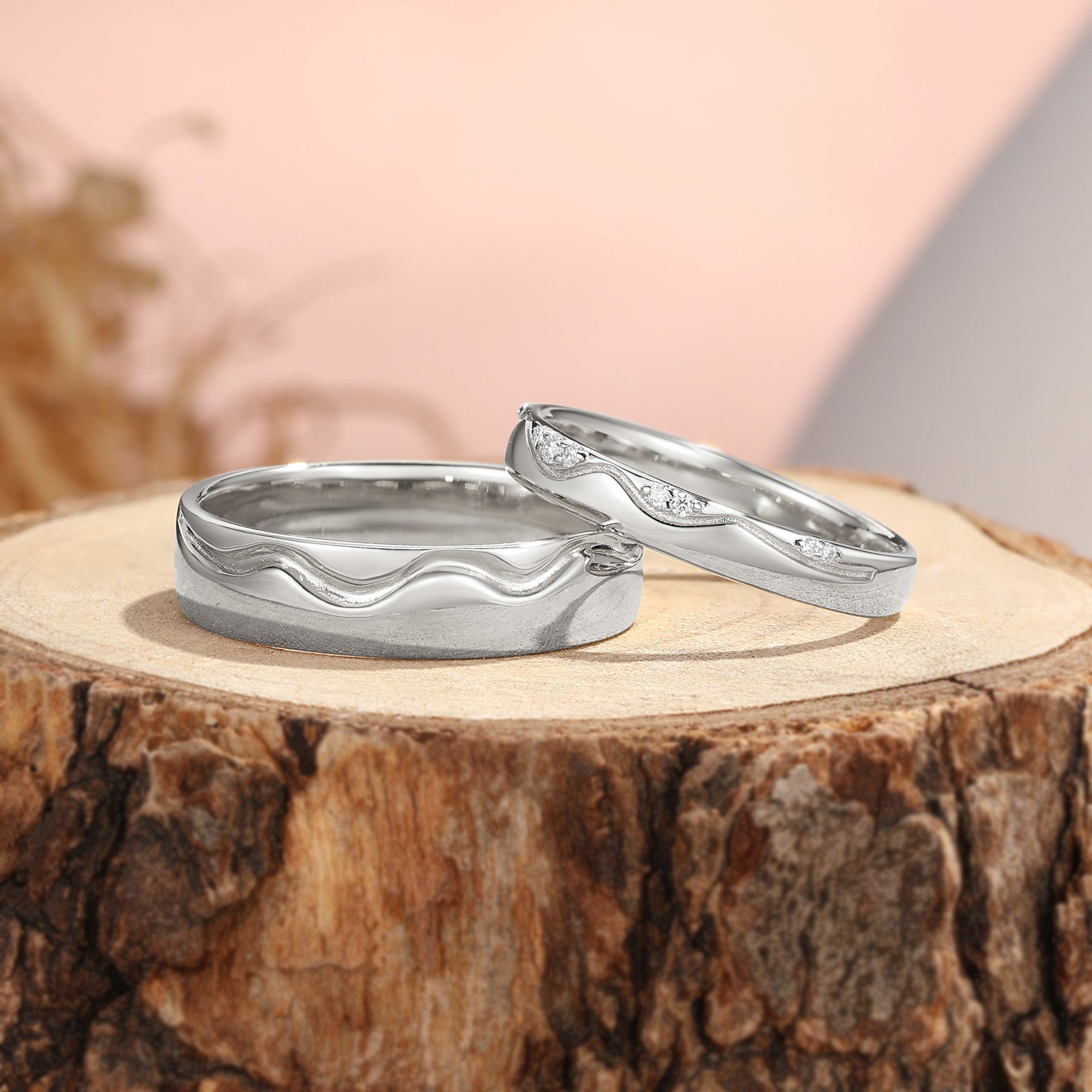 Ocean Flowing Wave Moissanite Accent Minimalist Couple Wedding Band - Serena