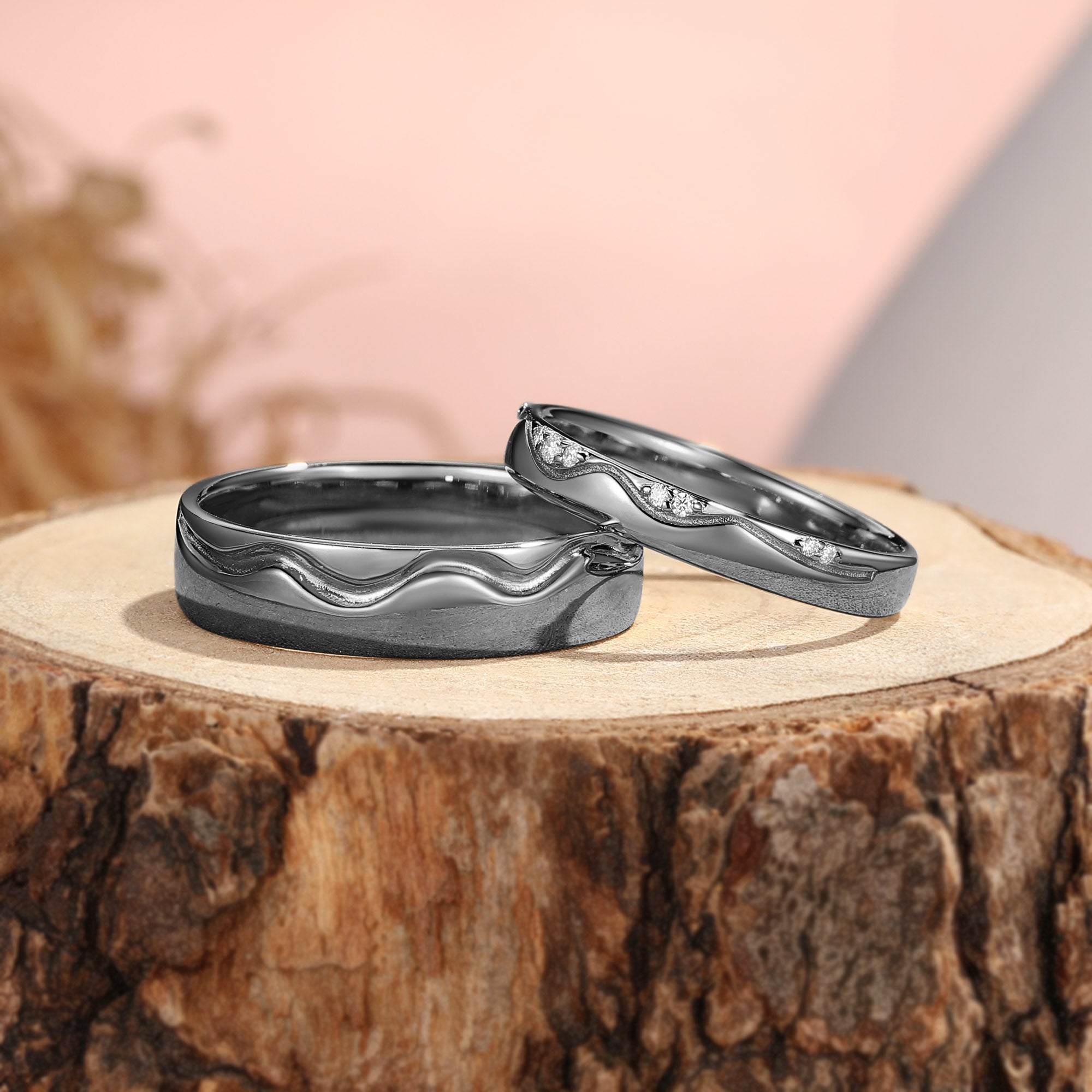 Ocean Flowing Wave Moissanite Accent Minimalist Couple Wedding Band - Serena