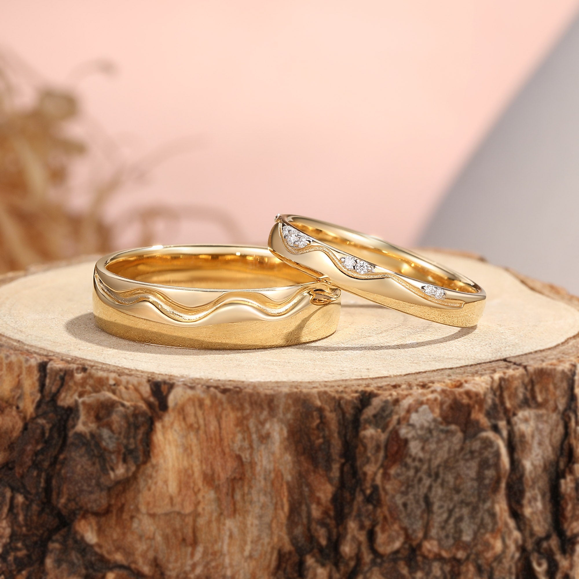 Ocean Flowing Wave Moissanite Accent Minimalist Couple Wedding Band - Serena