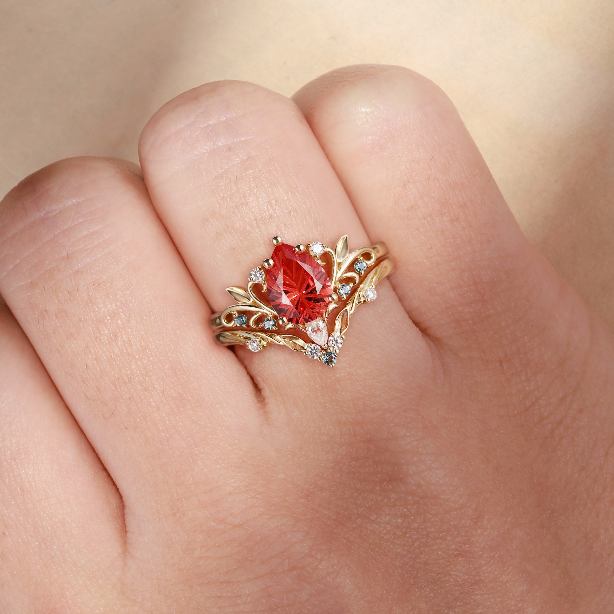 Floral Fairy  Firework Cut Pear Orange Sapphire Leafy Bridal Set 2pcs - Liliosa