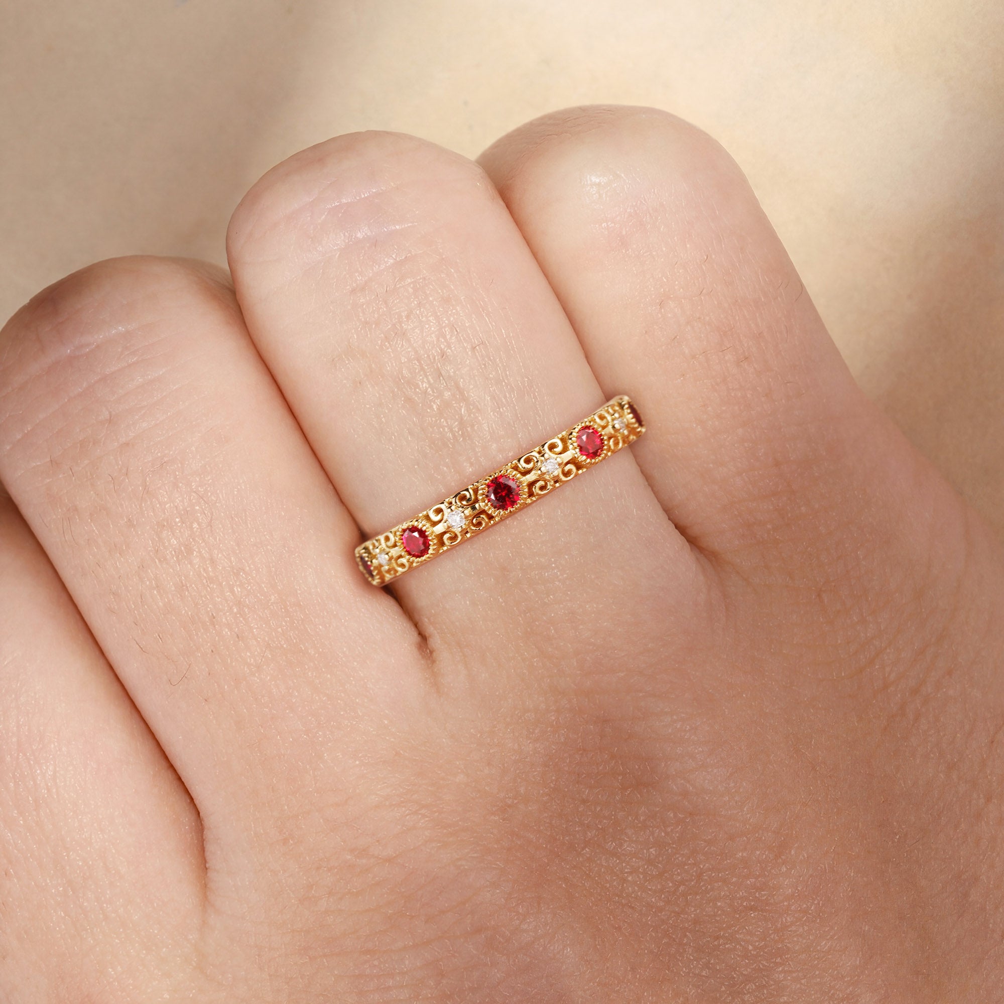 Antique Style Ruby Filigree Ring - Rowan