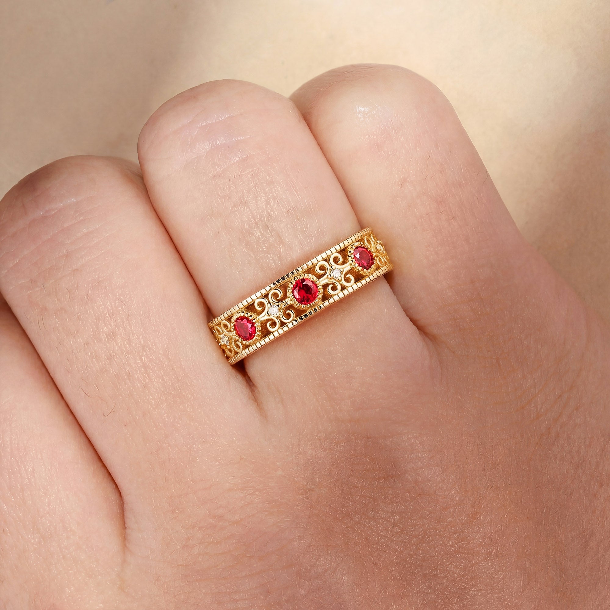 Antique Style Ruby Filigree Men Band - Rowan