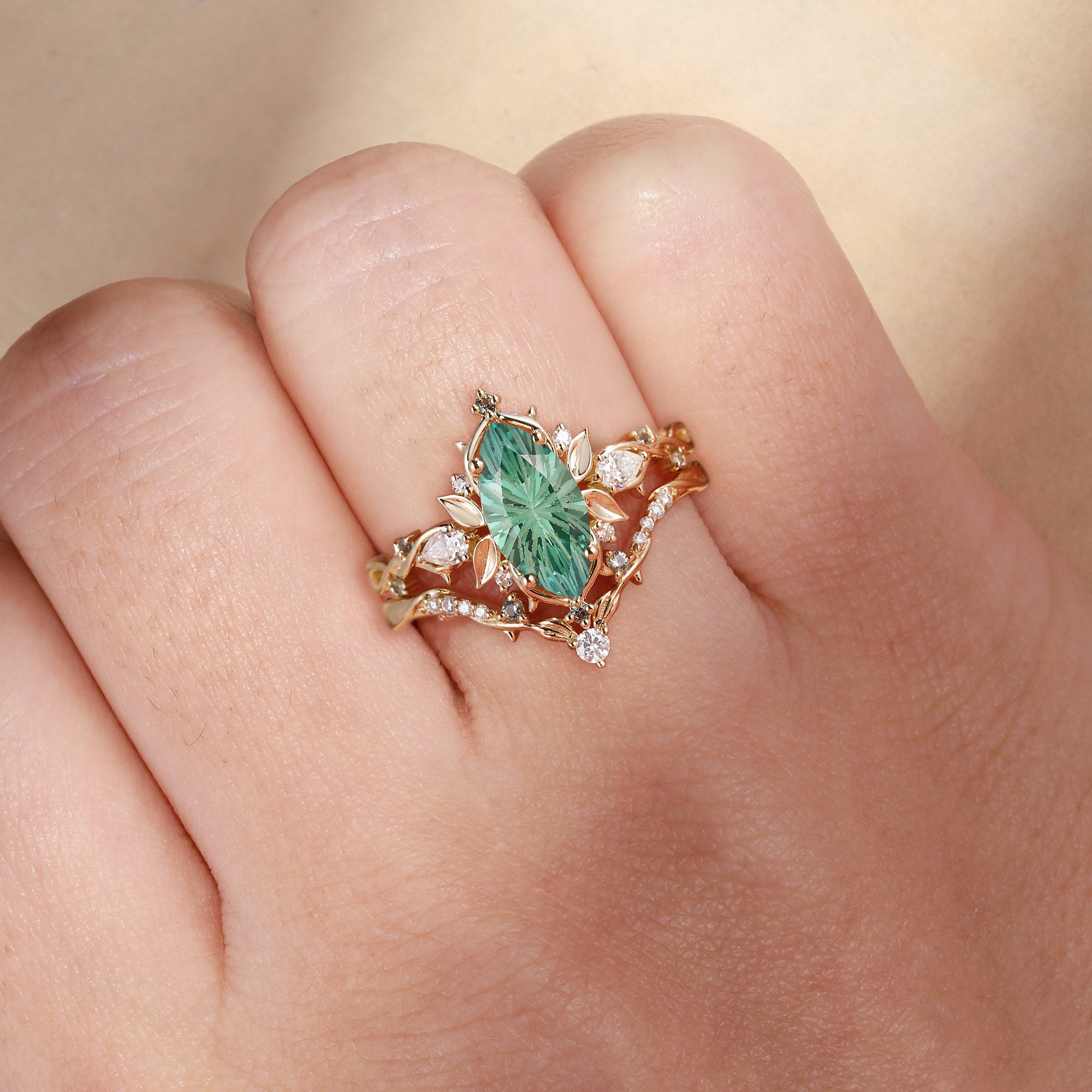 Forest Fairy Marquise Firework Cut Green Sapphire Leafy Inspired Bridal Set 2pcs - Fae