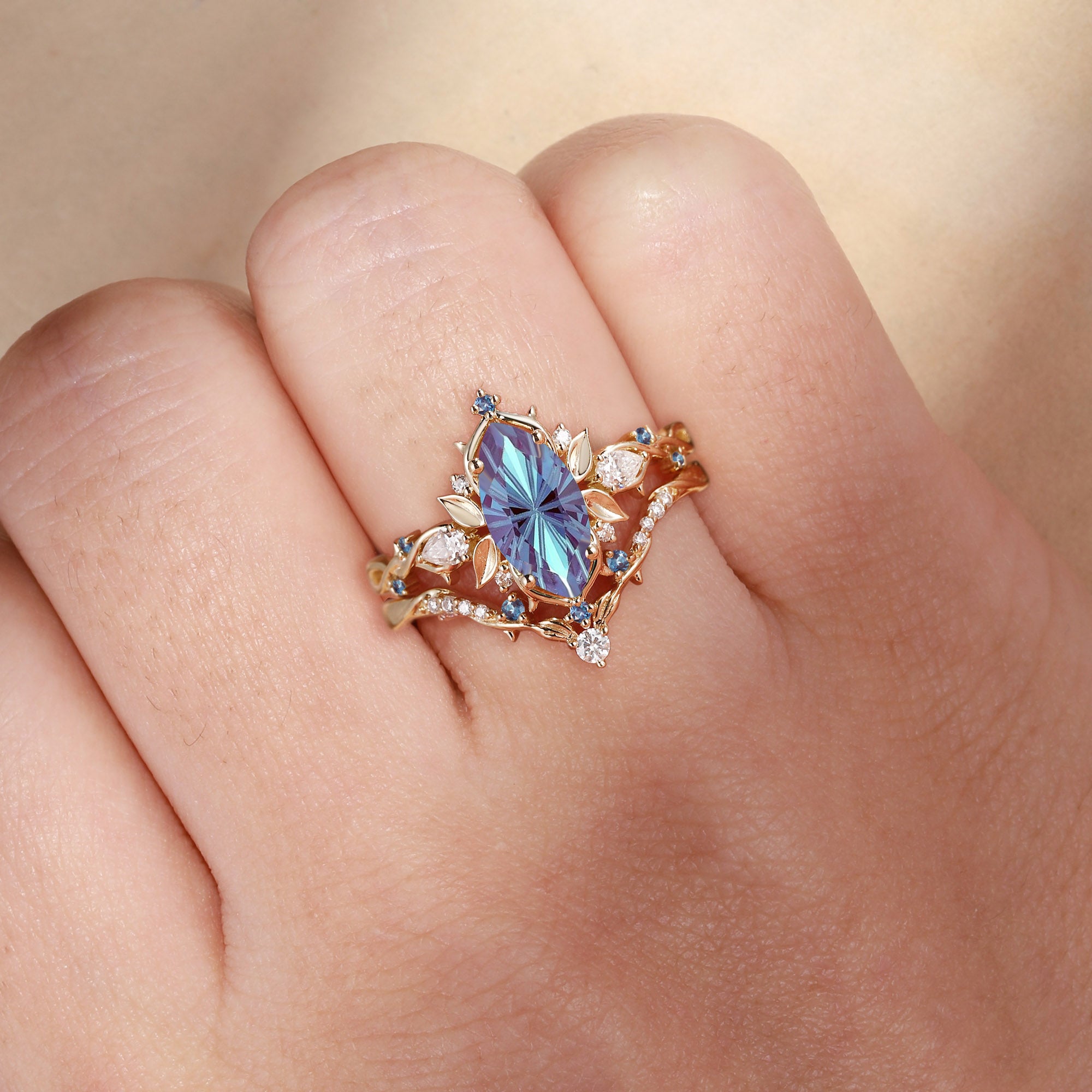 Forest Fairy Marquise Firework Cut Alexandrite Leafy Inspired Bridal Set 2pcs - Fae