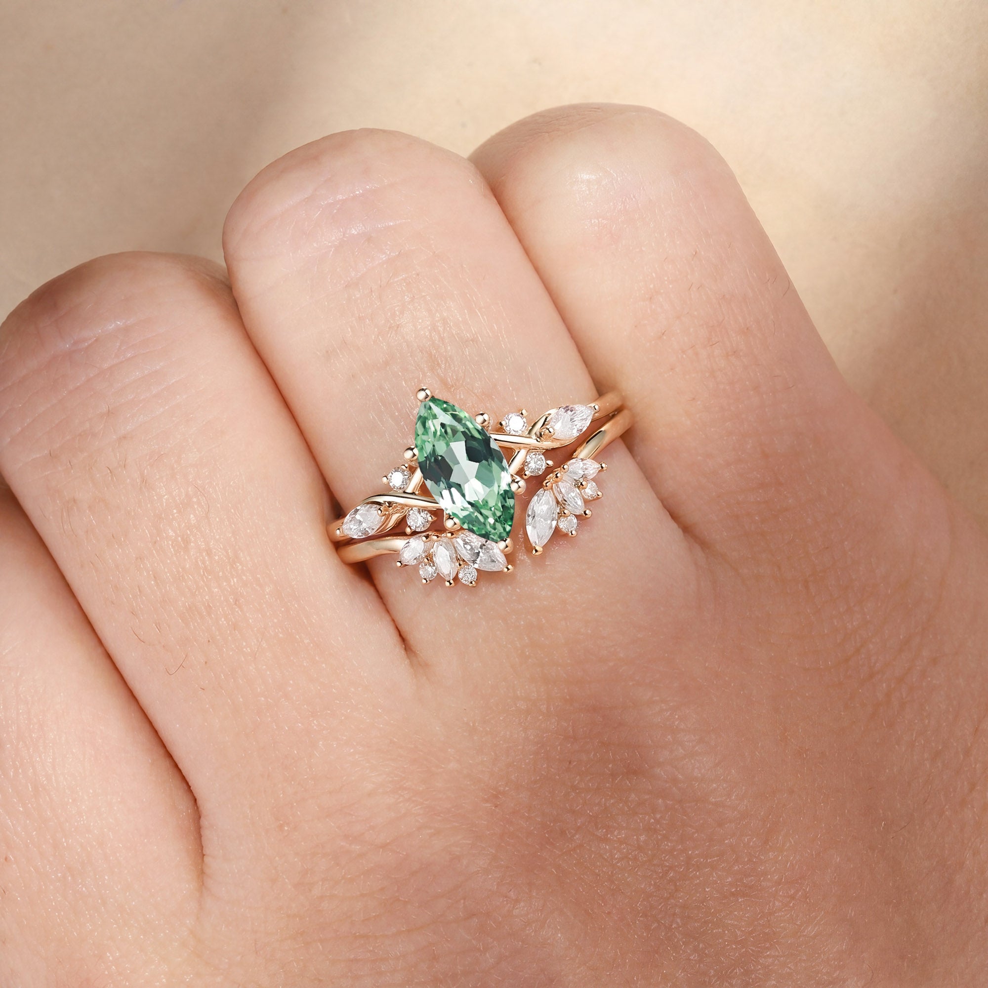 Vintage Marquise Cut Green Moissanite Leafy Floral Cluster Bridal Set 2pcs - Ivy