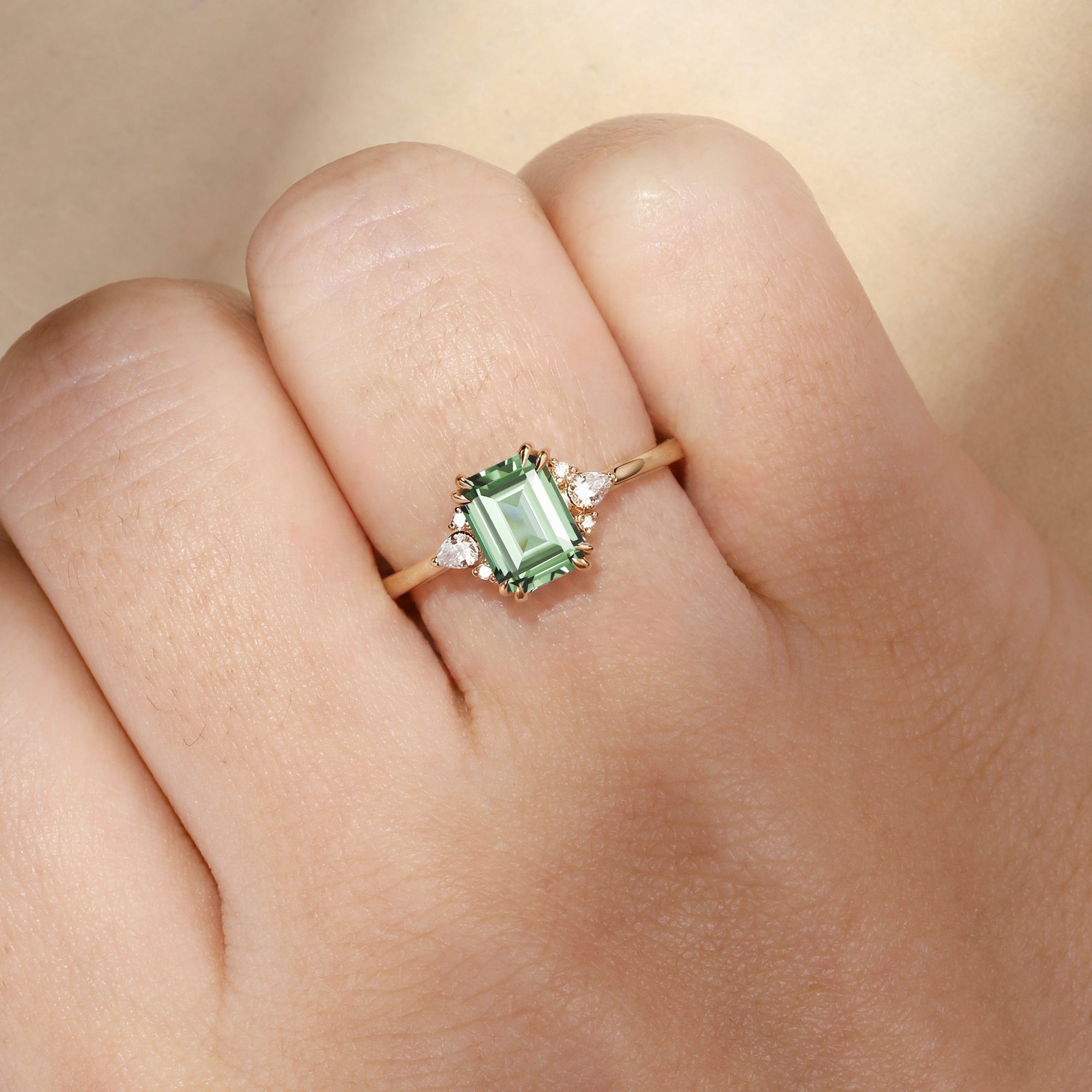 Classic Emerald Cut Mint Green Sapphire Cluster Engagement Ring - Cecelia