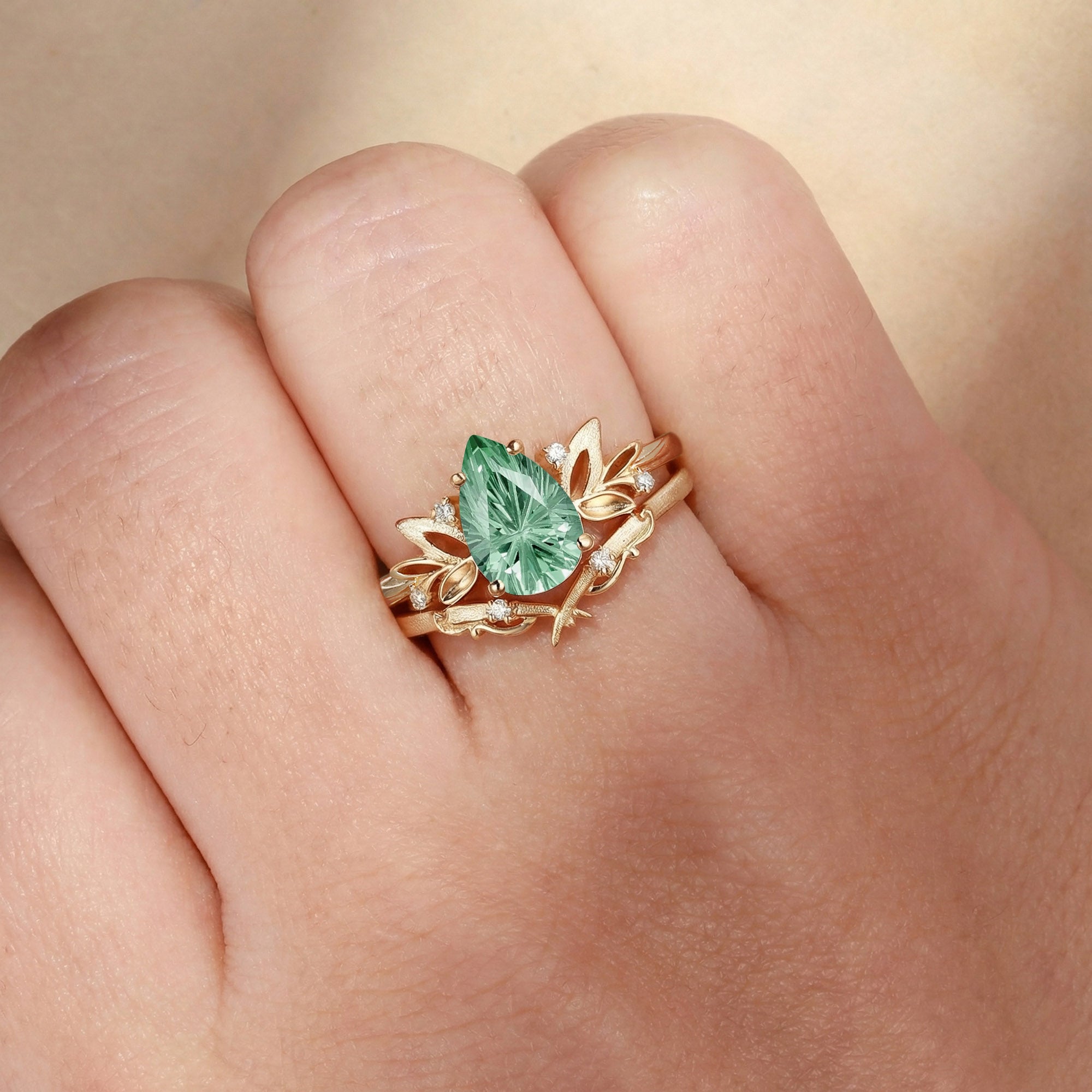 Wind Fairy  Firework Cut Pear Green Sapphire Leafy Bridal Set 2pcs - Ines