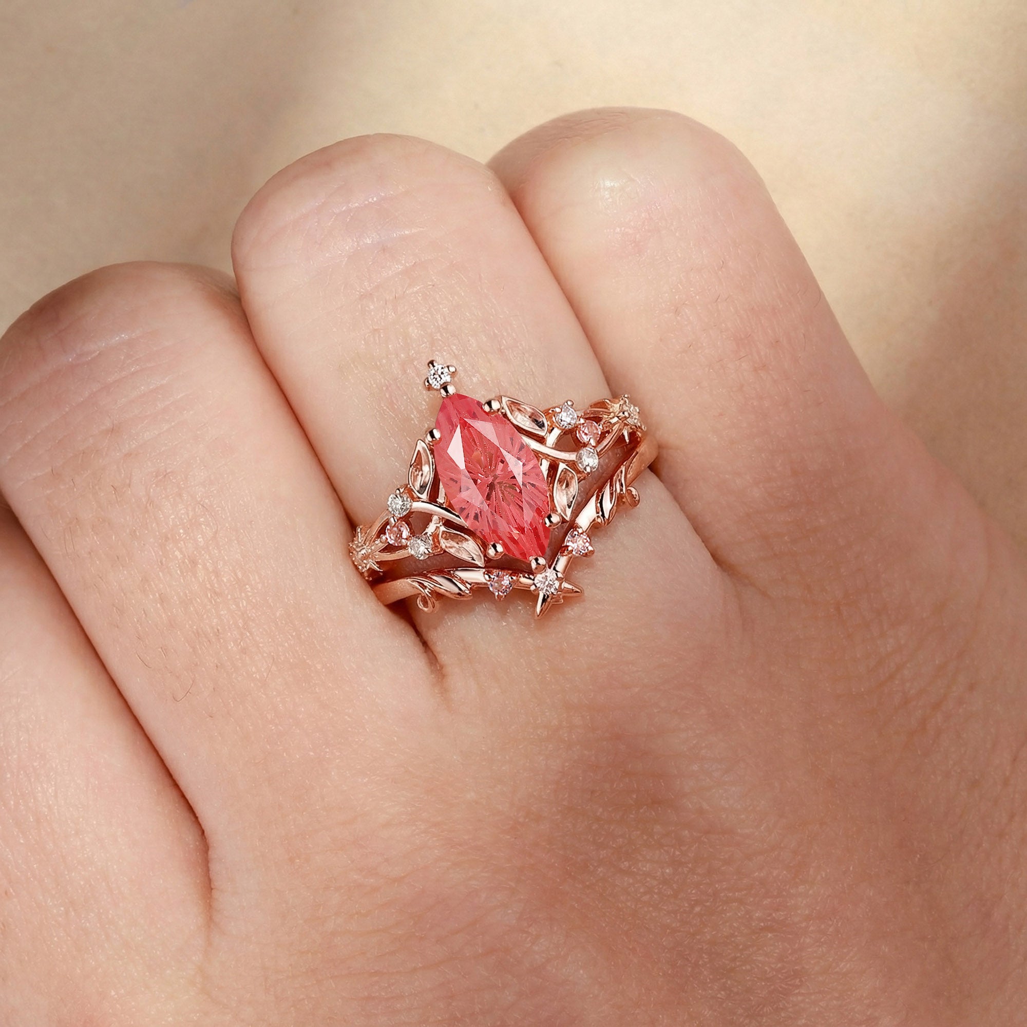 Floral Fairy Marquise Firework Cut Padparadscha Sapphire Leafy Bridal Set 2pcs - Faith