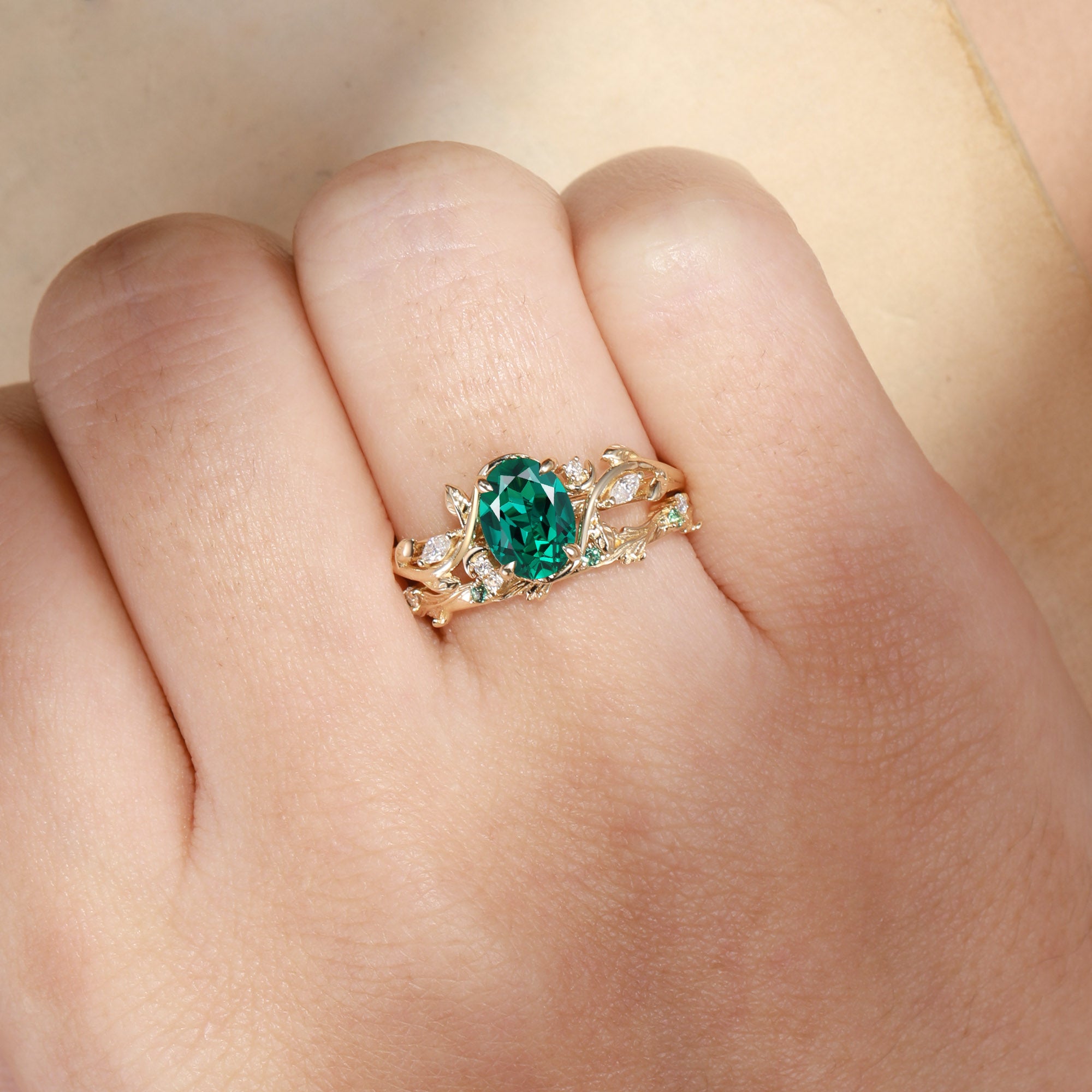 Oval Cut Lab Emerald Leafy Inspired Branch Band Bridal Set 2pcs - Désirée