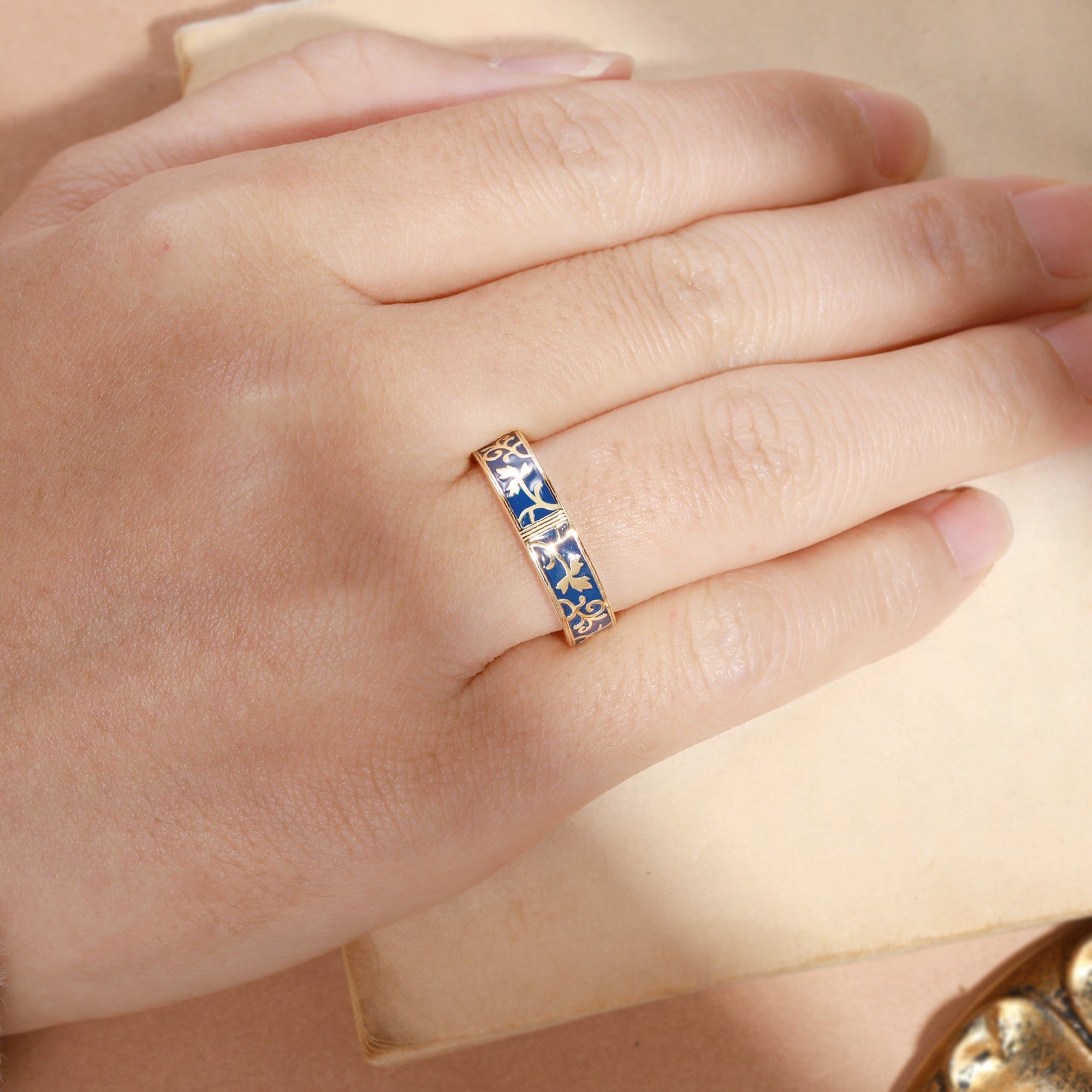 Navy Blue Enamel Floral Vine Gold Art Nouveau Inspired Men Band - Aldric