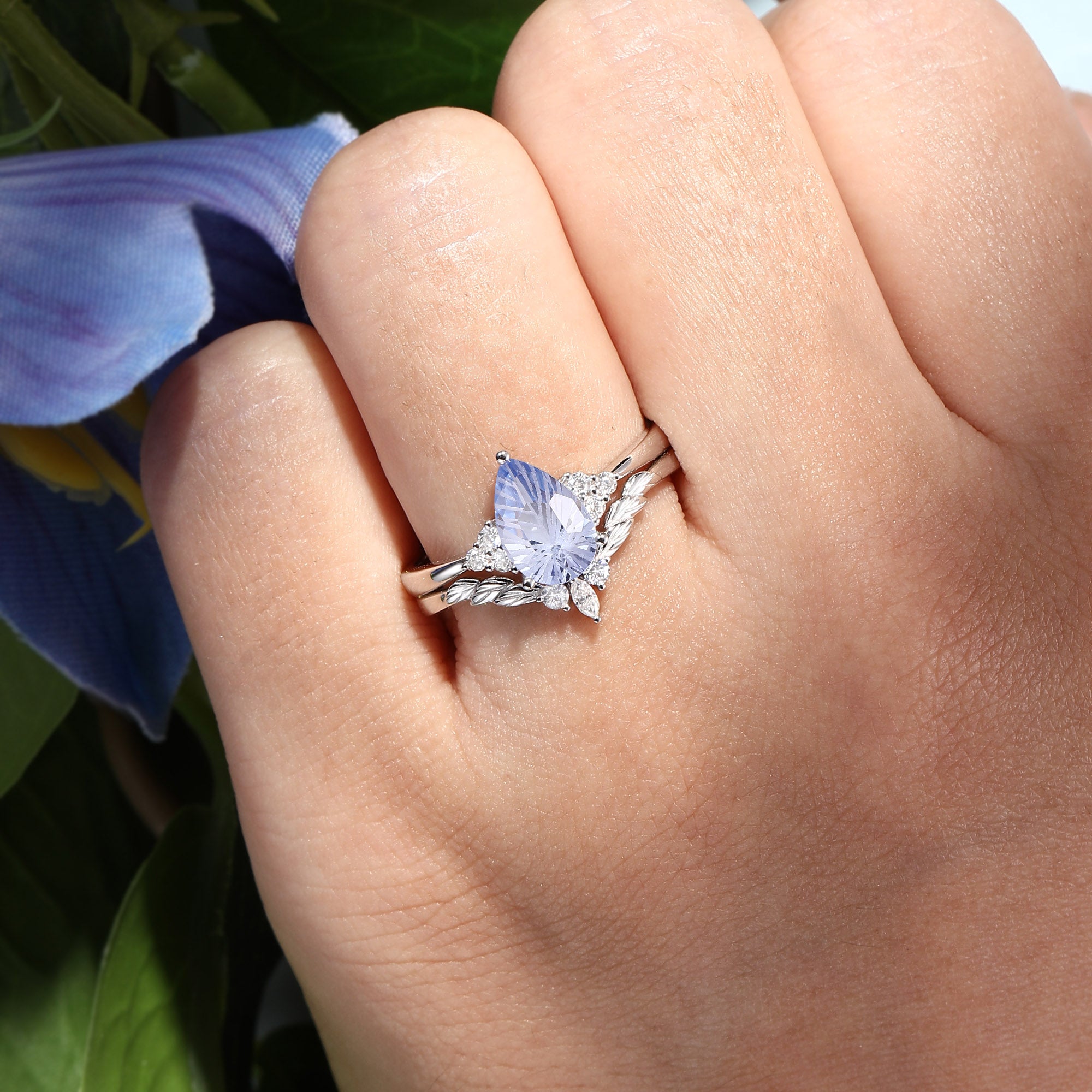 Constance - Fireworks Cut Cornflower Sapphire Engagement Ring Set 2pcs