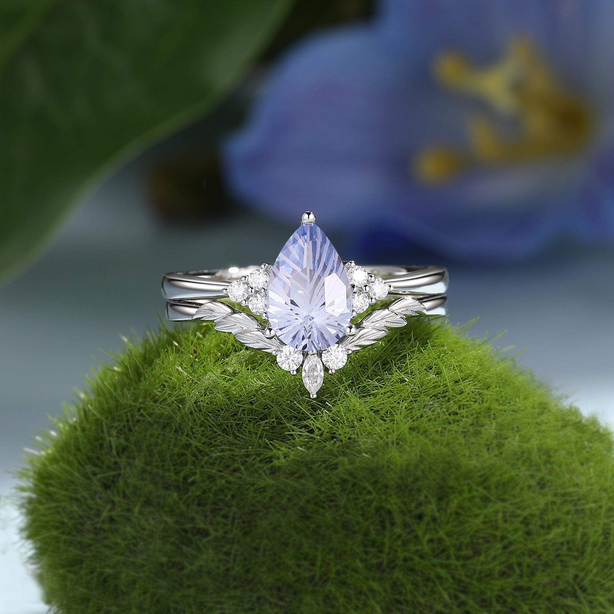 Constance - Fireworks Cut Cornflower Sapphire Engagement Ring Set 2pcs