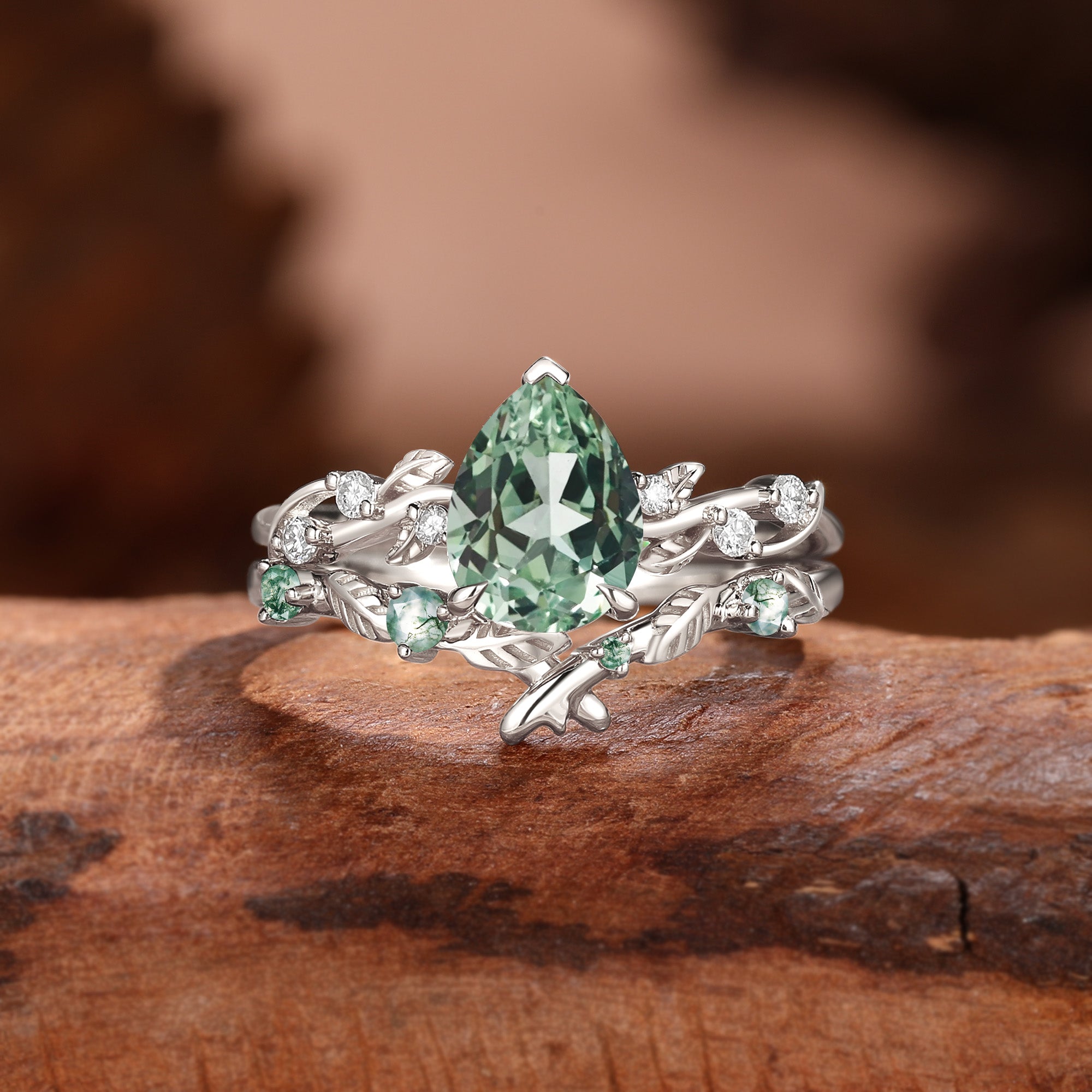 Clarissa - Mint Lab Green Sapphire Pear Cut Leaves Bridal Set 2pcs