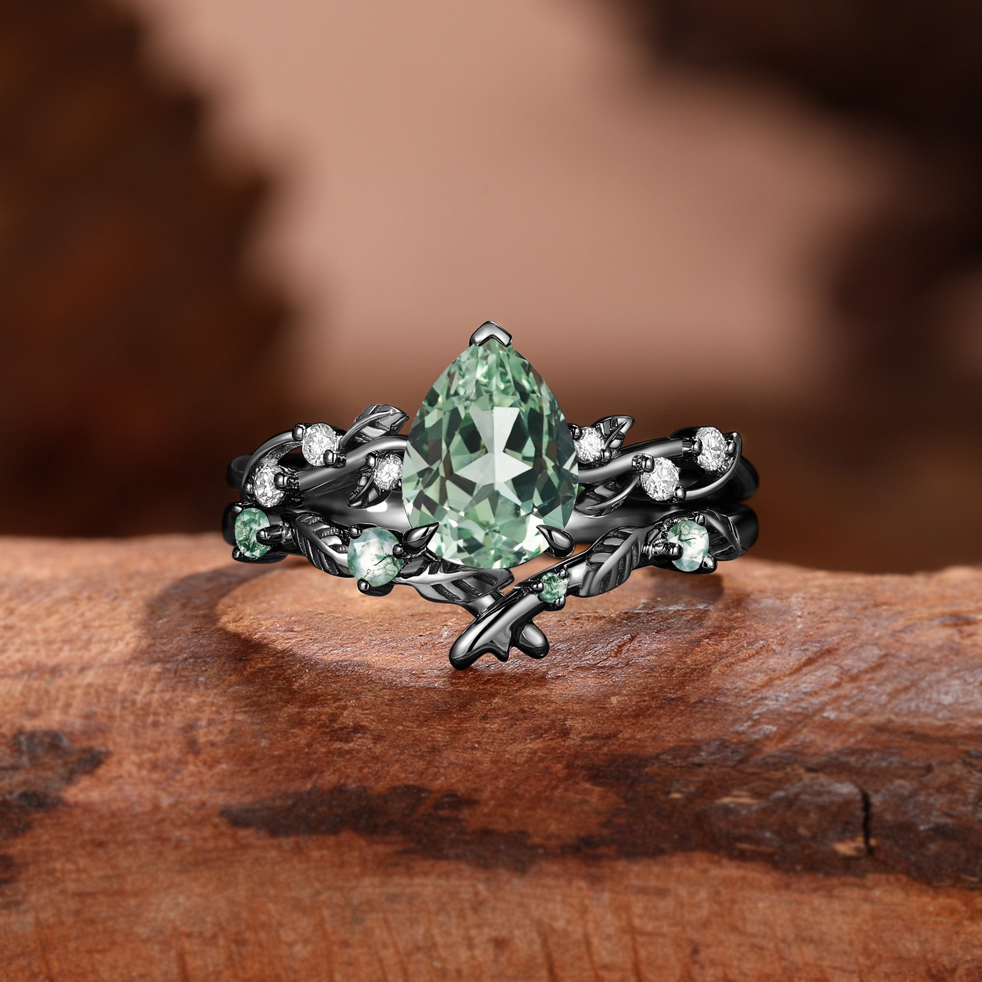 Clarissa - Mint Lab Green Sapphire Pear Cut Leaves Bridal Set 2pcs