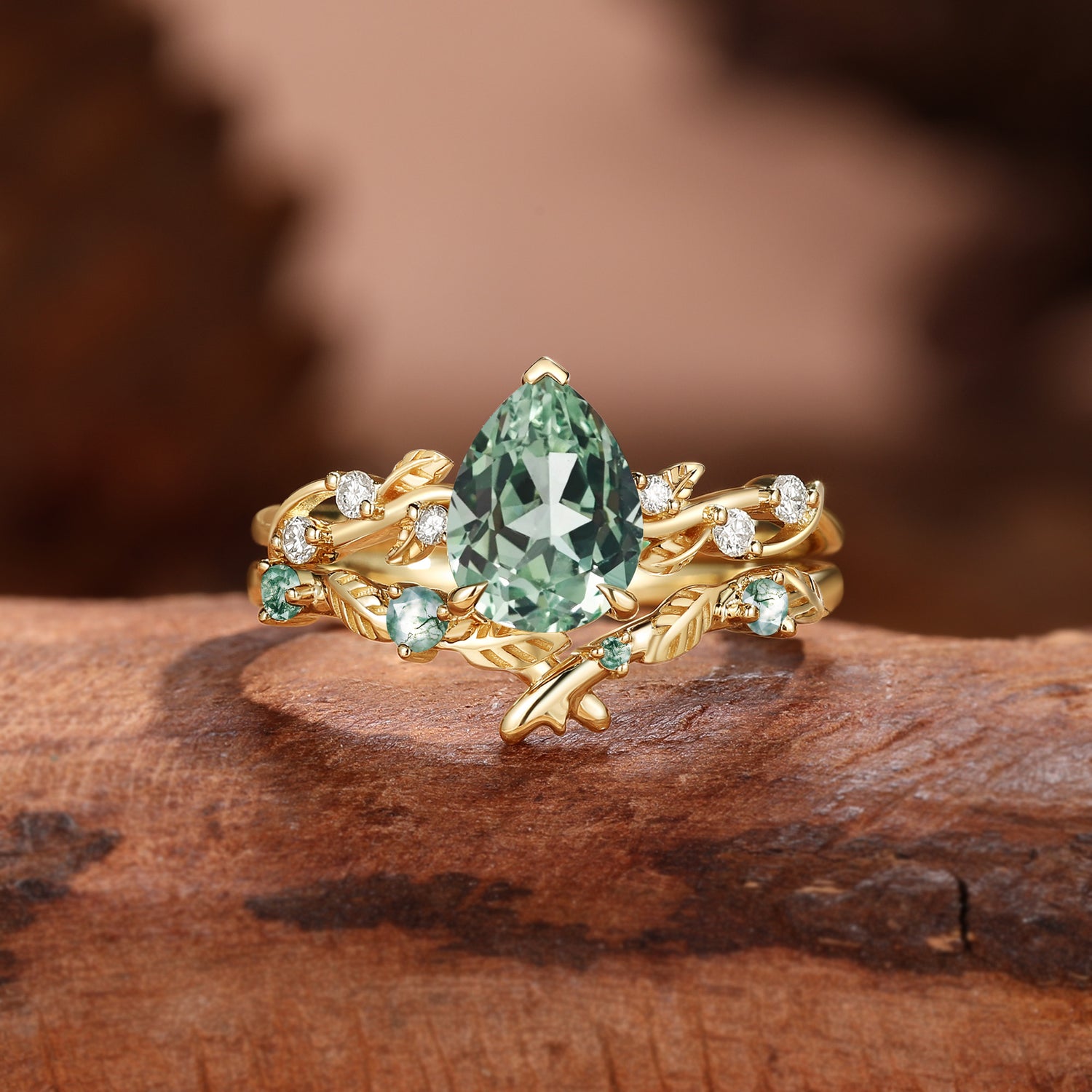 Clarissa - Mint Lab Green Sapphire Pear Cut Leaves Bridal Set 2pcs