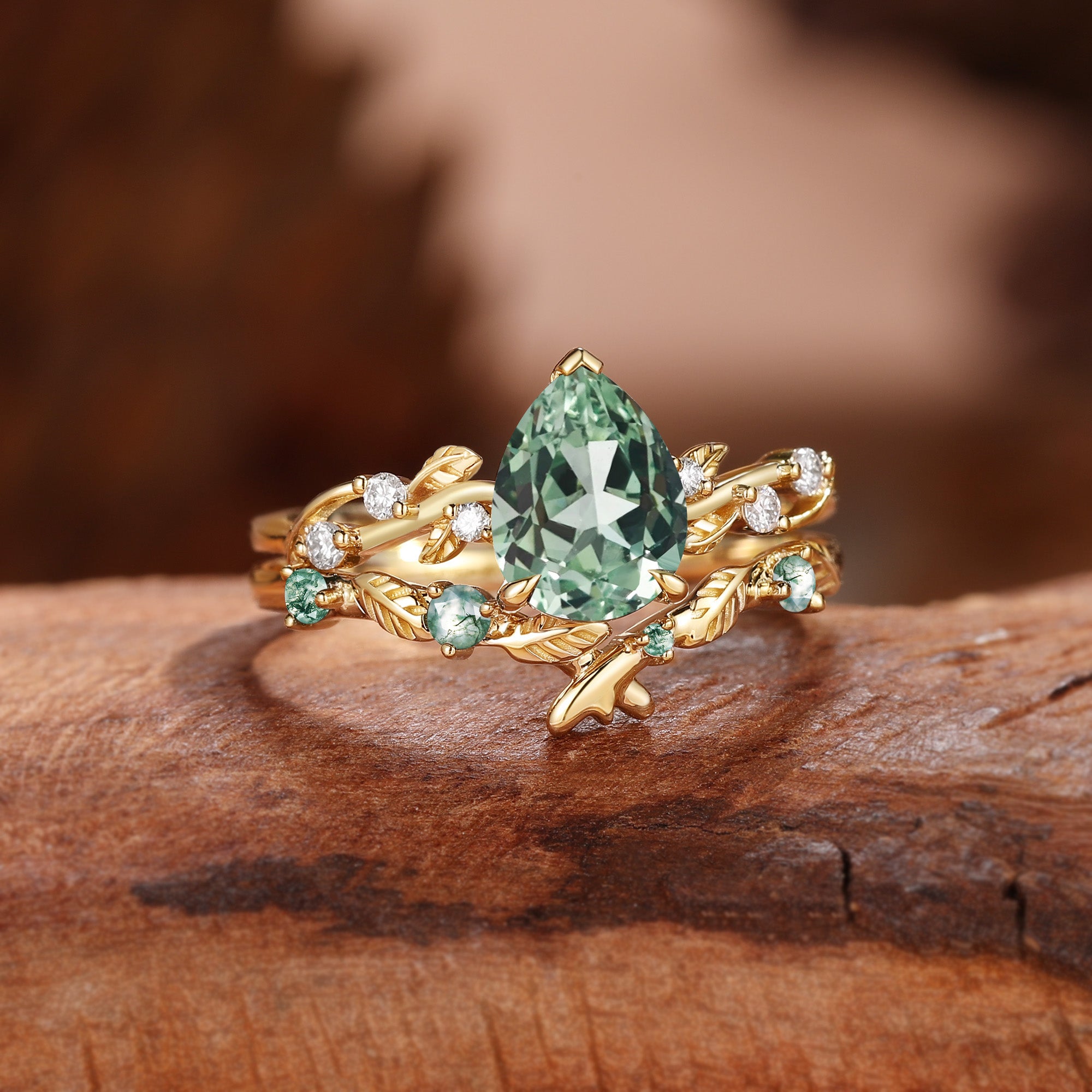 Clarissa - Pear Cut Lab Green Sapphire Leafy Bridal Set 2pcs