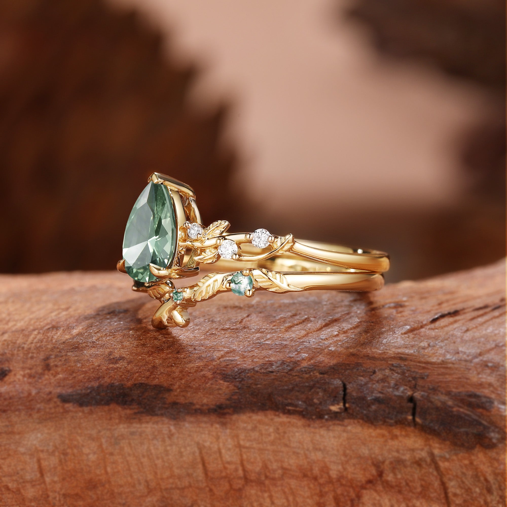 Clarissa - Pear Cut Lab Green Sapphire Leafy Bridal Set 2pcs