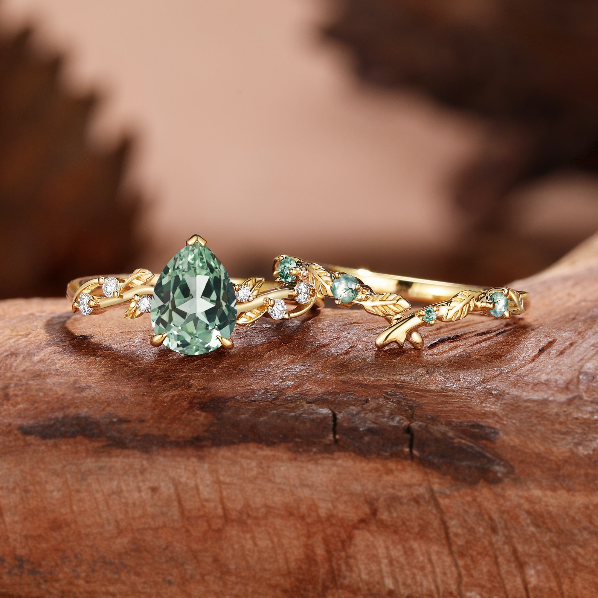 Clarissa - Pear Cut Lab Green Sapphire Leafy Bridal Set 2pcs