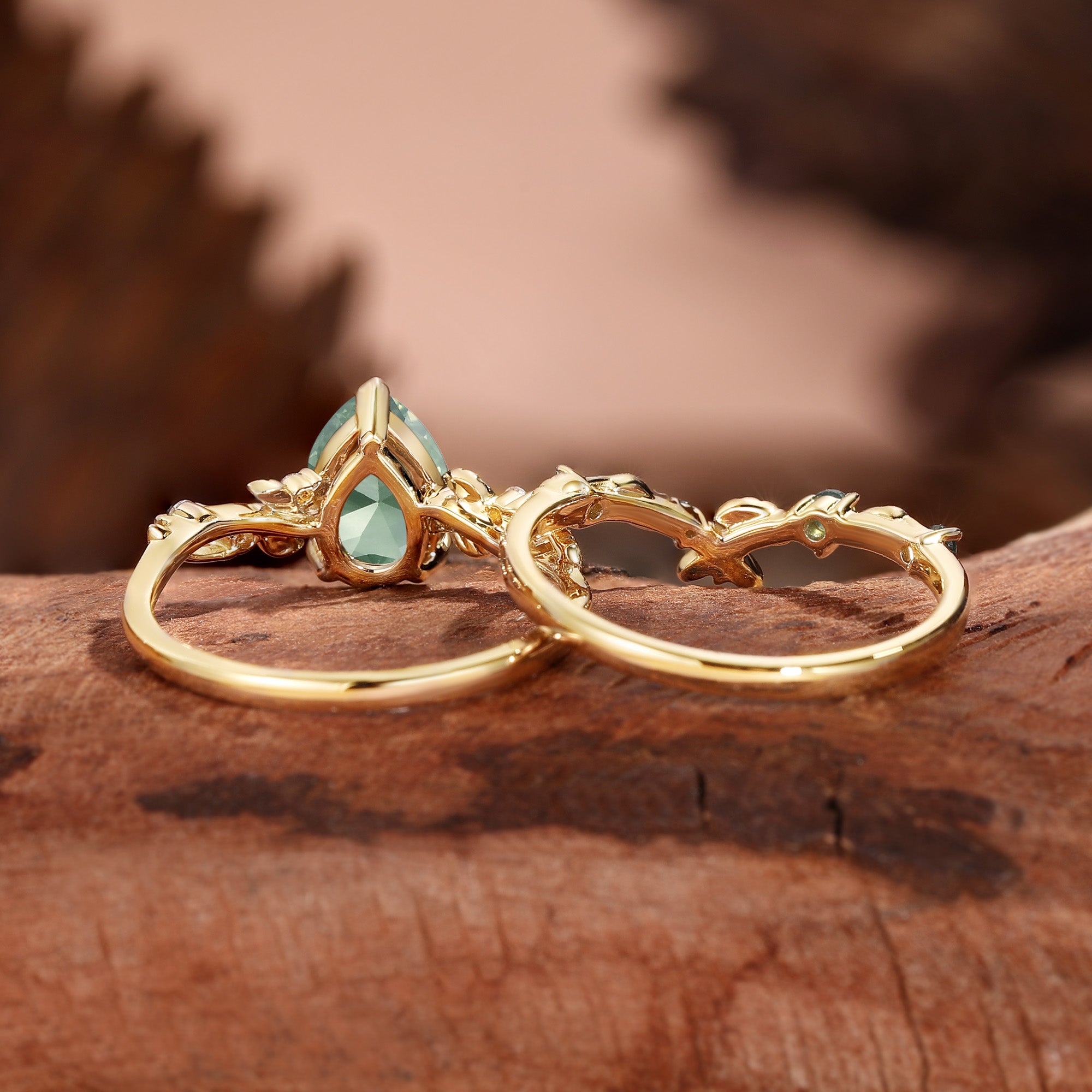 Clarissa - Pear Cut Lab Green Sapphire Leafy Bridal Set 2pcs