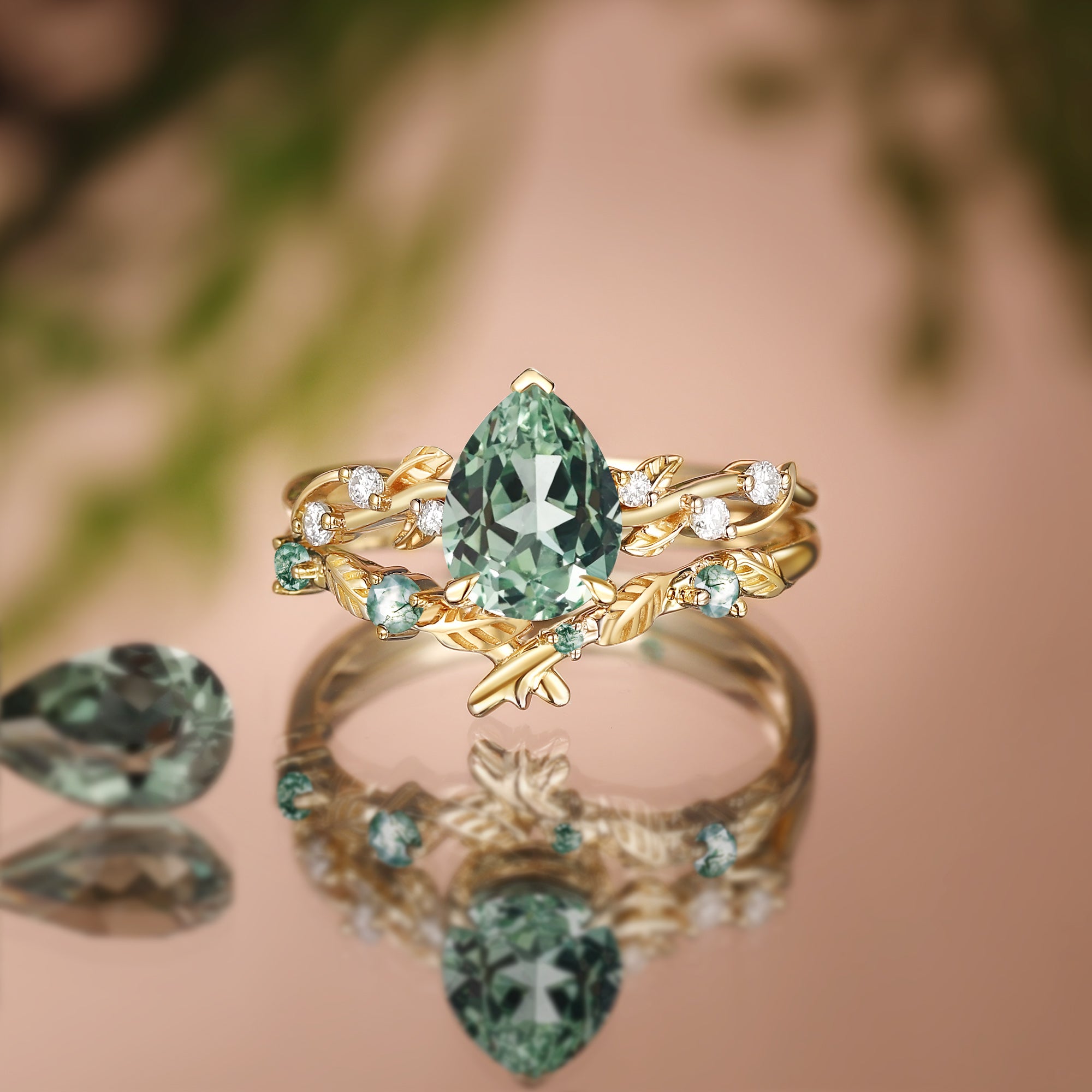 Clarissa - Pear Cut Lab Green Sapphire Leafy Bridal Set 2pcs