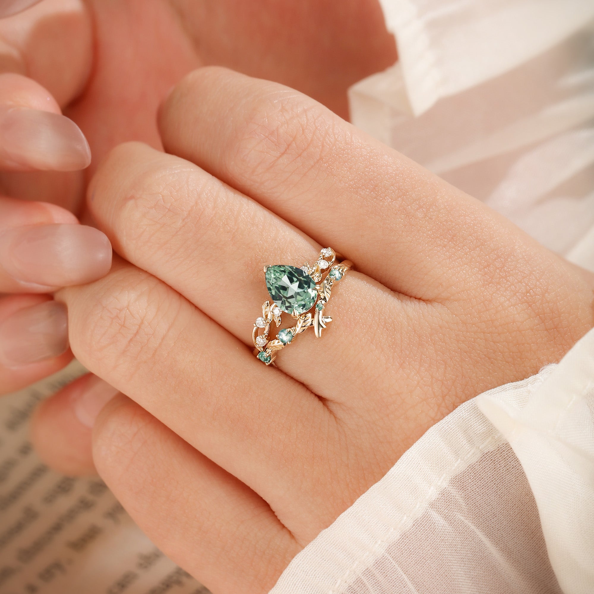 Clarissa - Pear Cut Lab Green Sapphire Leafy Bridal Set 2pcs