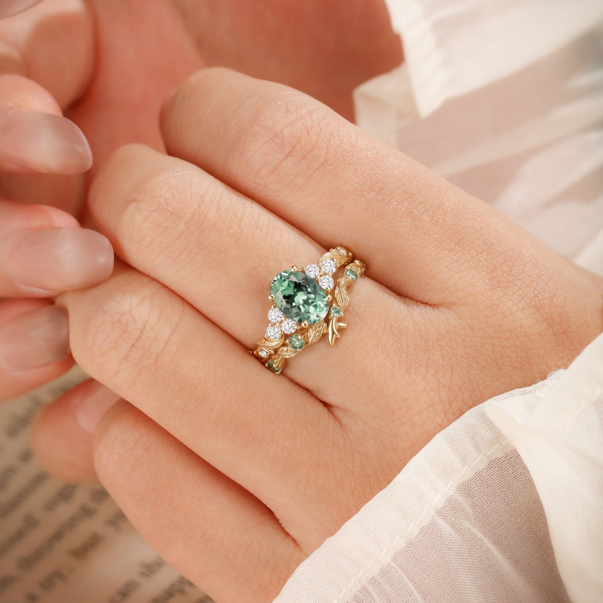Oval Cut Lab Green Sapphire Twig Leaf Bridal Set 2pcs - Gwyneth