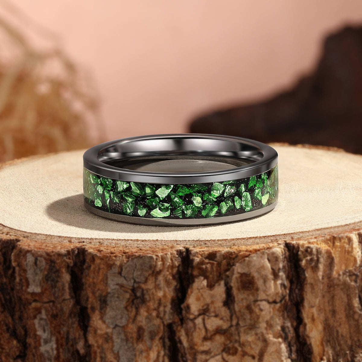 Unique Black Inlay Green Forest Elf Men Wedding Band