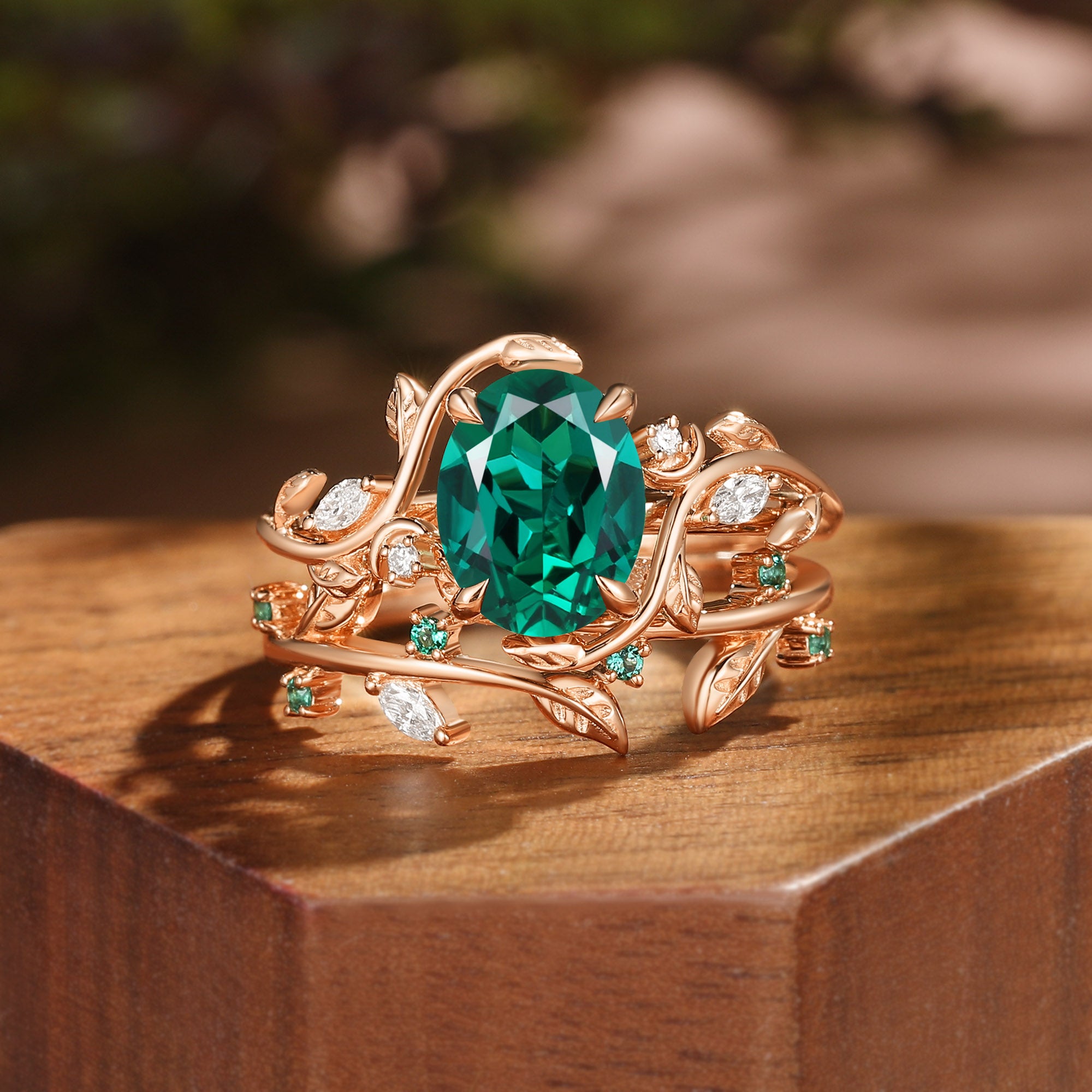 Oval Cut Lab Emerald Nature Leafy Inspired Engagement Ring Set 2pcs - Désirée