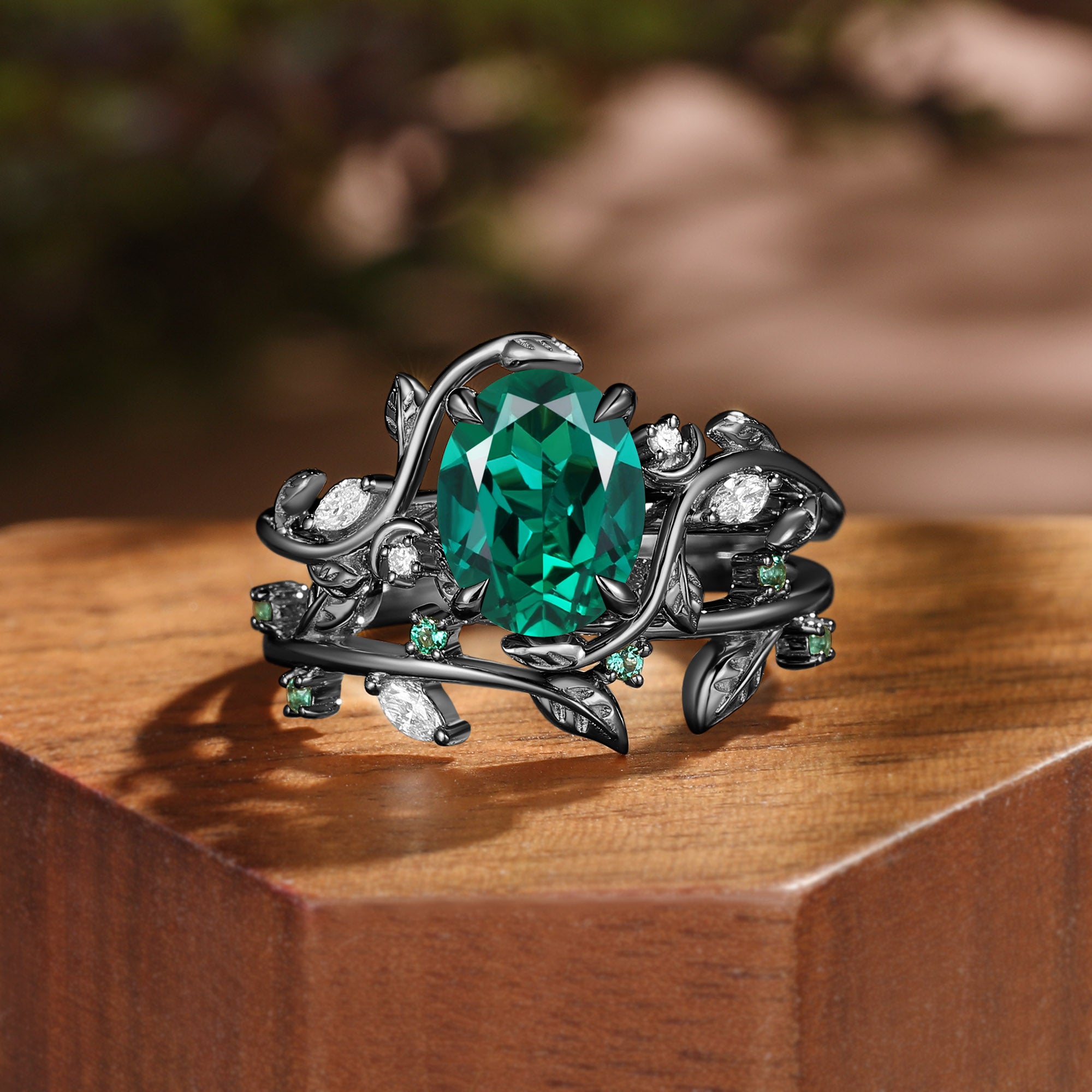 Oval Cut Lab Emerald Nature Leafy Inspired Engagement Ring Set 2pcs - Désirée