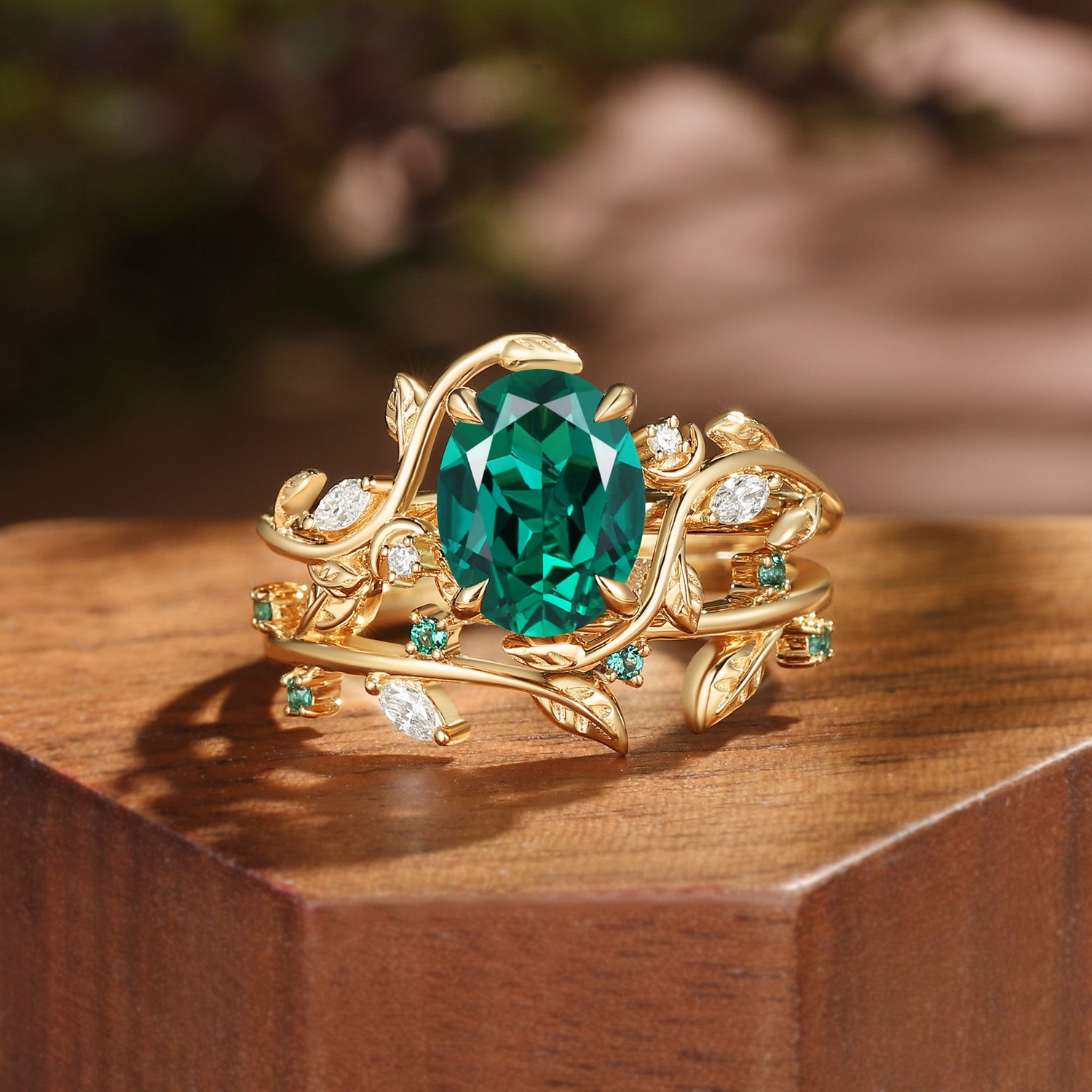 Oval Cut Lab Emerald Nature Leafy Inspired Engagement Ring Set 2pcs - Désirée