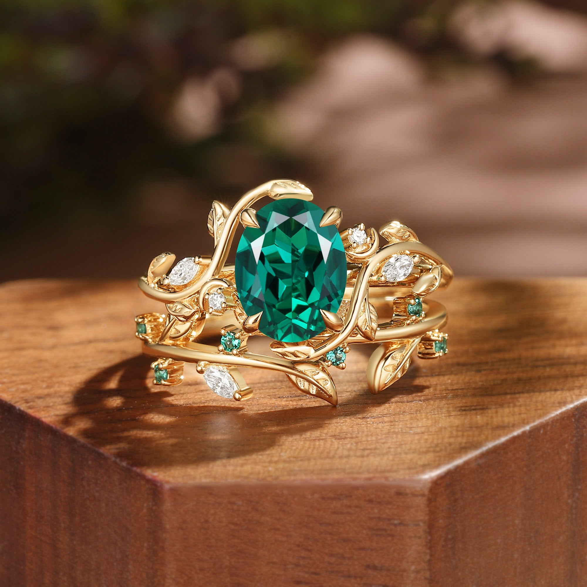 Oval Cut Lab Emerald Nature Leafy Inspired Engagement Ring Set 2pcs - Désirée