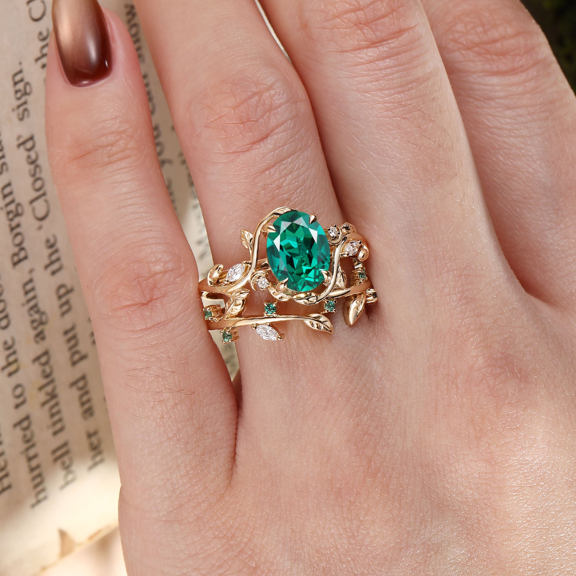 Oval Cut Lab Emerald Nature Leafy Inspired Engagement Ring Set 2pcs - Désirée