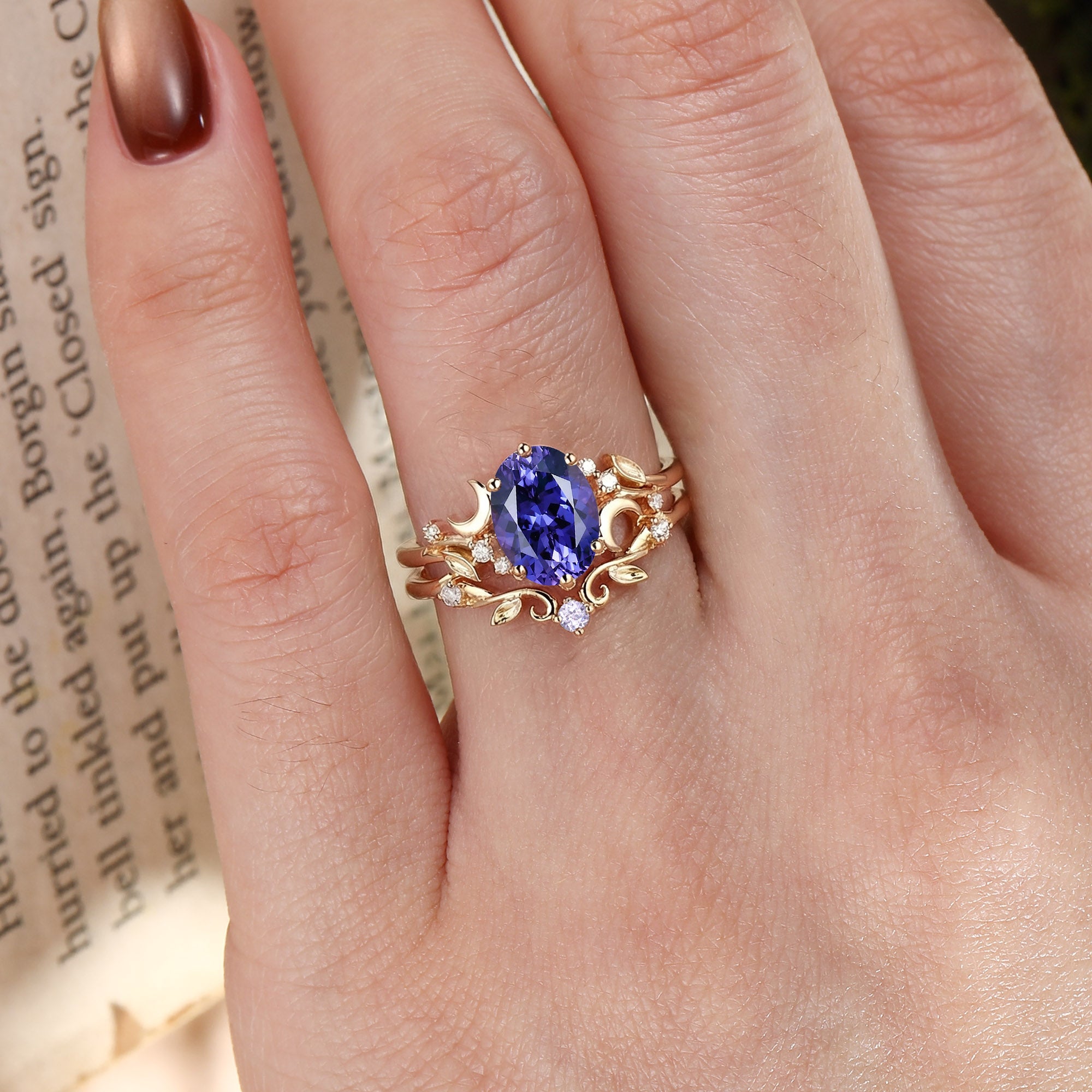 Moonlight Fairy Oval Cut Purple Sapphire Moon And Leafy Ring Bridal Sets 2pcs - Meriel