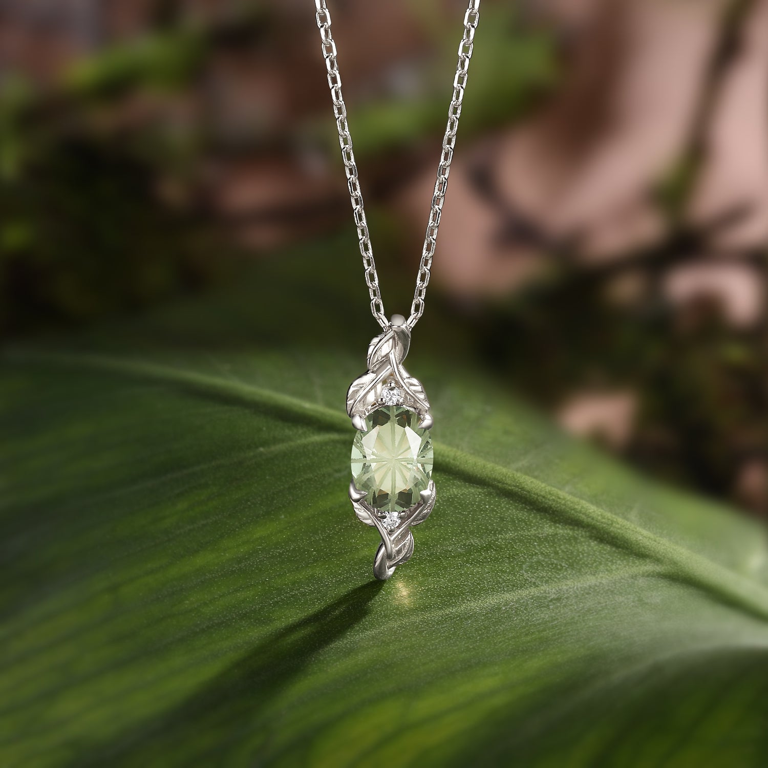Firework Cut Green Sapphire Leaf Women Oval Necklace - Eden