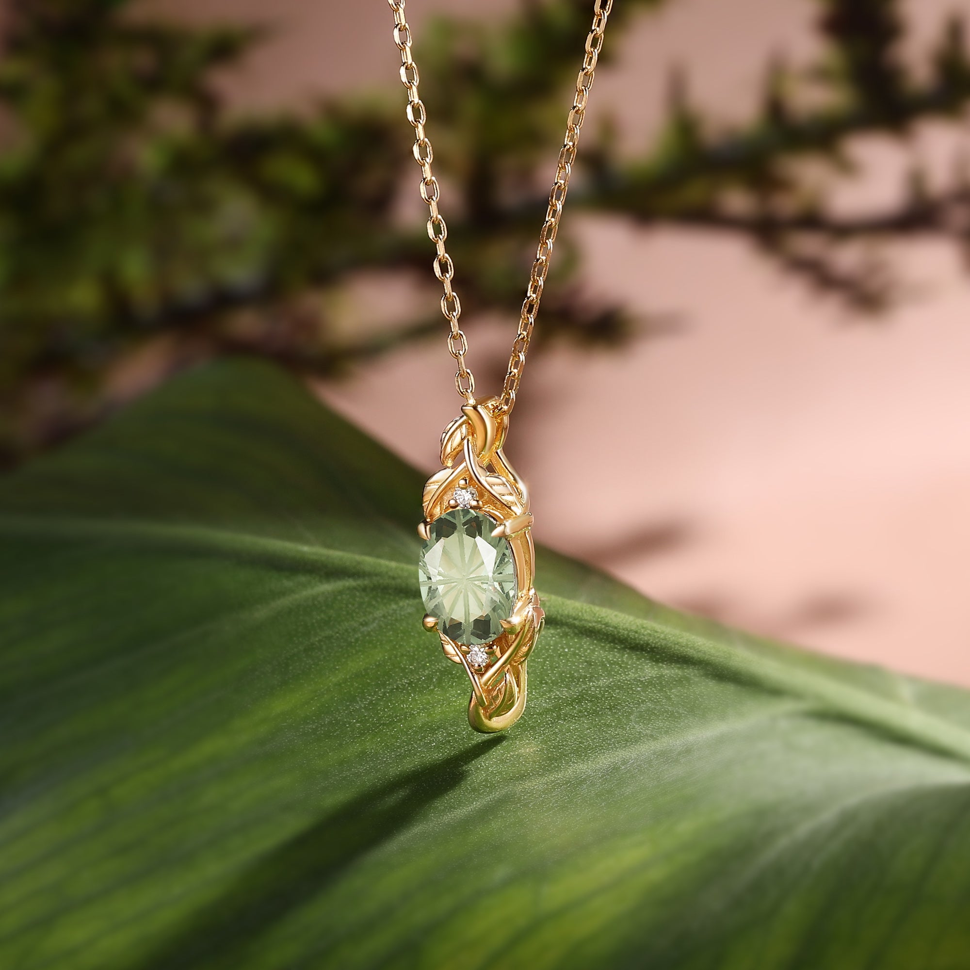 Firework Cut Green Sapphire Leaf Women Oval Necklace - Eden