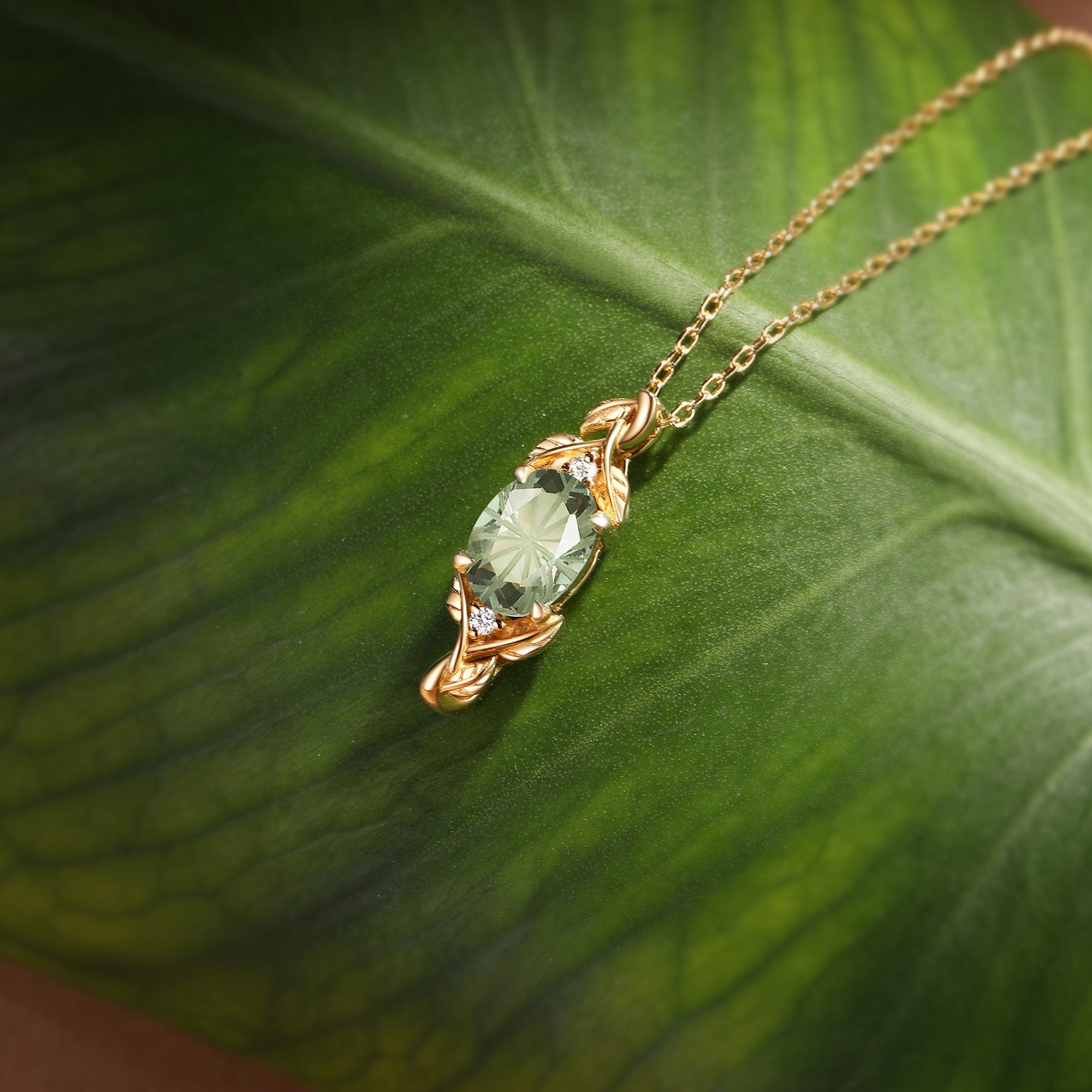 Firework Cut Green Sapphire Leaf Women Oval Necklace - Eden