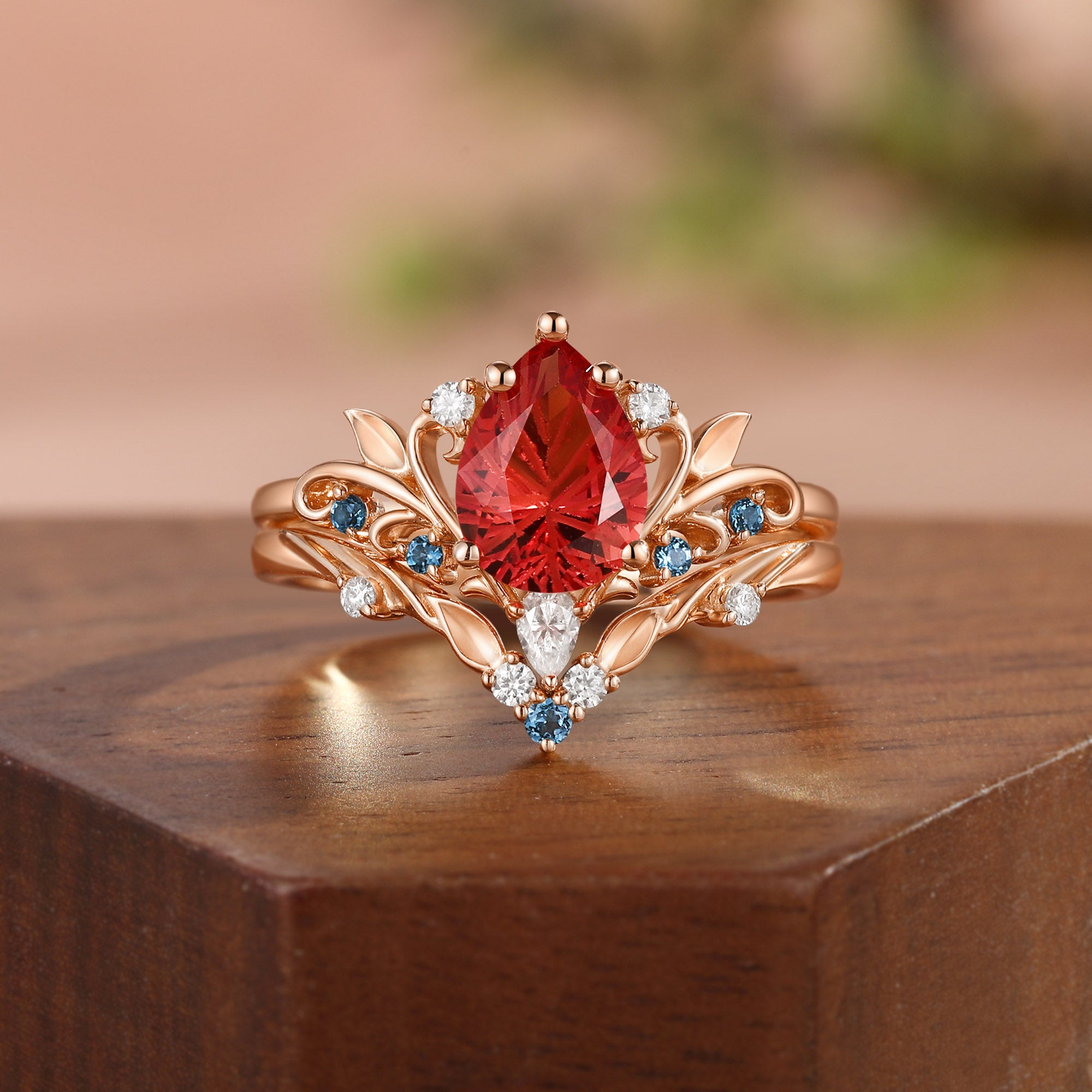 Radiant Fairy  Firework Cut Pear Orange Sapphire Leafy Bridal Set 2pcs - Liliosa