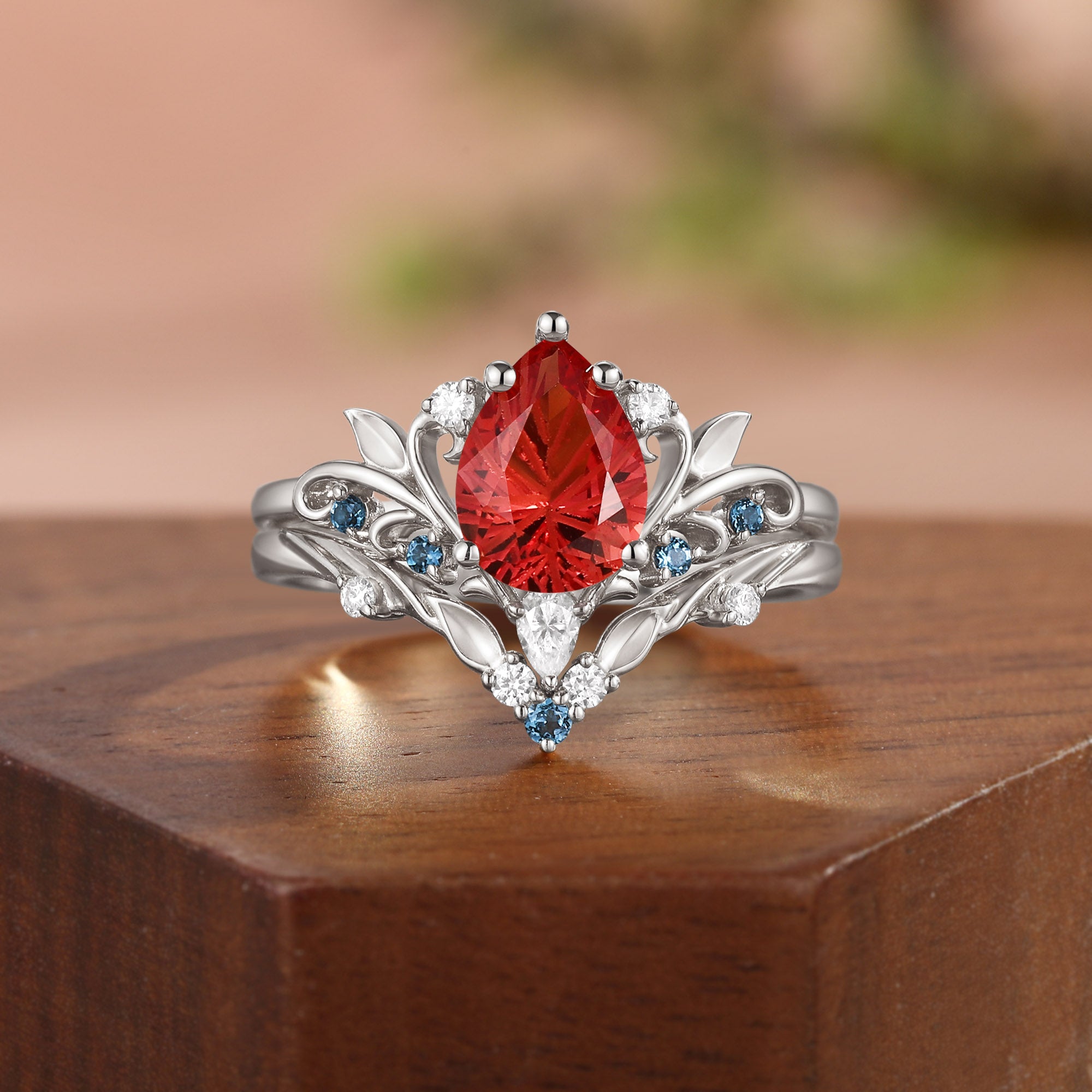 Radiant Fairy  Firework Cut Pear Orange Sapphire Leafy Bridal Set 2pcs - Liliosa