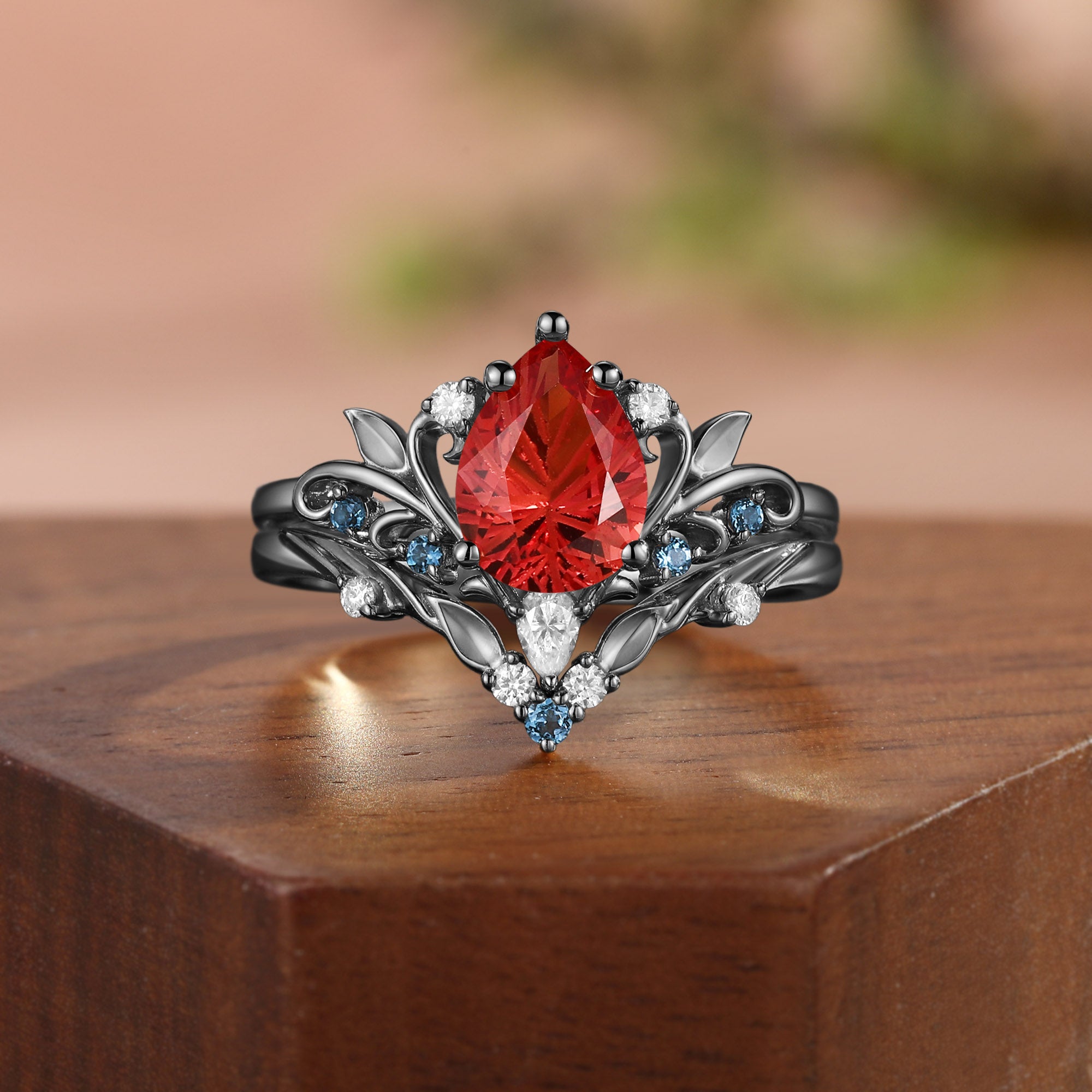 Radiant Fairy  Firework Cut Pear Orange Sapphire Leafy Bridal Set 2pcs - Liliosa
