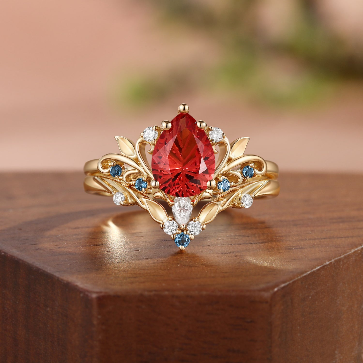 Radiant Fairy  Firework Cut Pear Orange Sapphire Leafy Bridal Set 2pcs - Liliosa