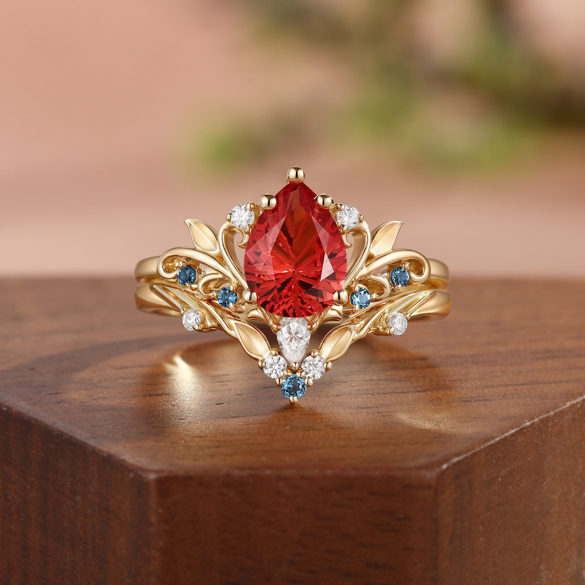 Radiant Fairy  Firework Cut Pear Orange Sapphire Leafy Bridal Set 2pcs - Liliosa