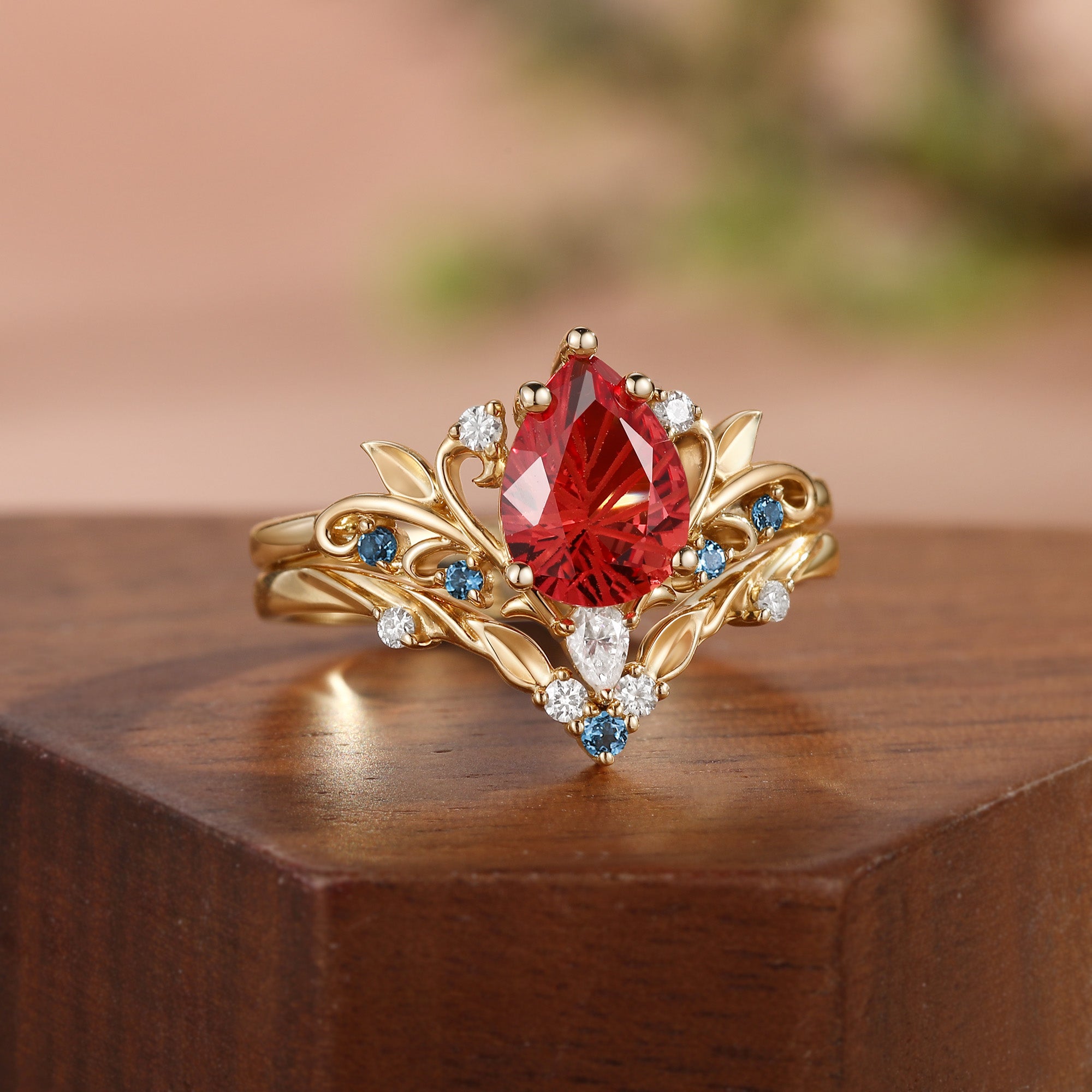 Radiant Fairy  Firework Cut Pear Orange Sapphire Leafy Bridal Set 2pcs - Liliosa