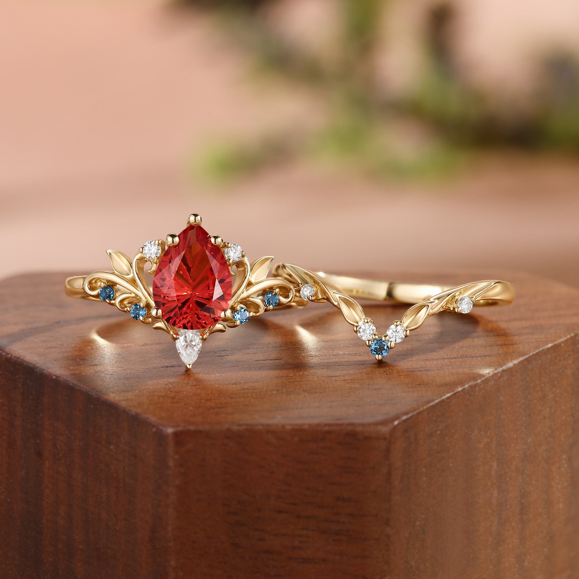 Radiant Fairy  Firework Cut Pear Orange Sapphire Leafy Bridal Set 2pcs - Liliosa