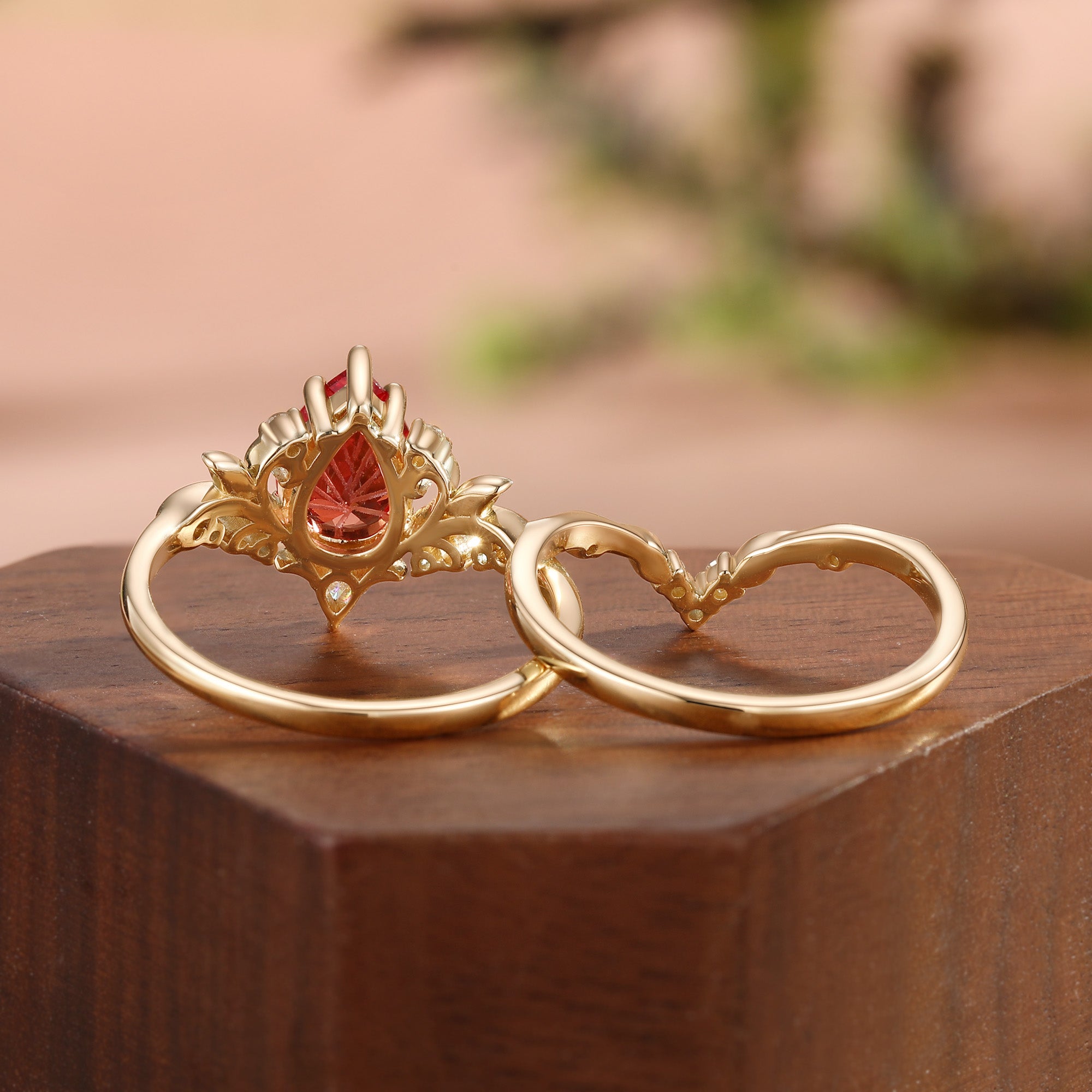 Radiant Fairy  Firework Cut Pear Orange Sapphire Leafy Bridal Set 2pcs - Liliosa