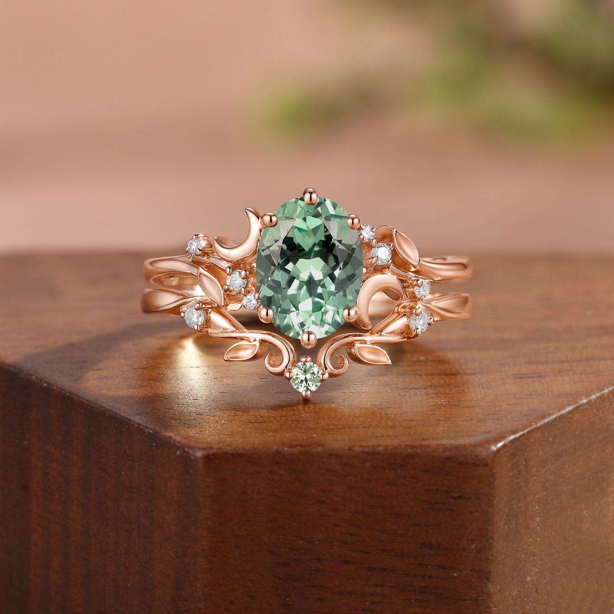 Moonlight Fairy Oval Cut Green Sapphire Leafy Bridal Sets 2pcs - Meriel