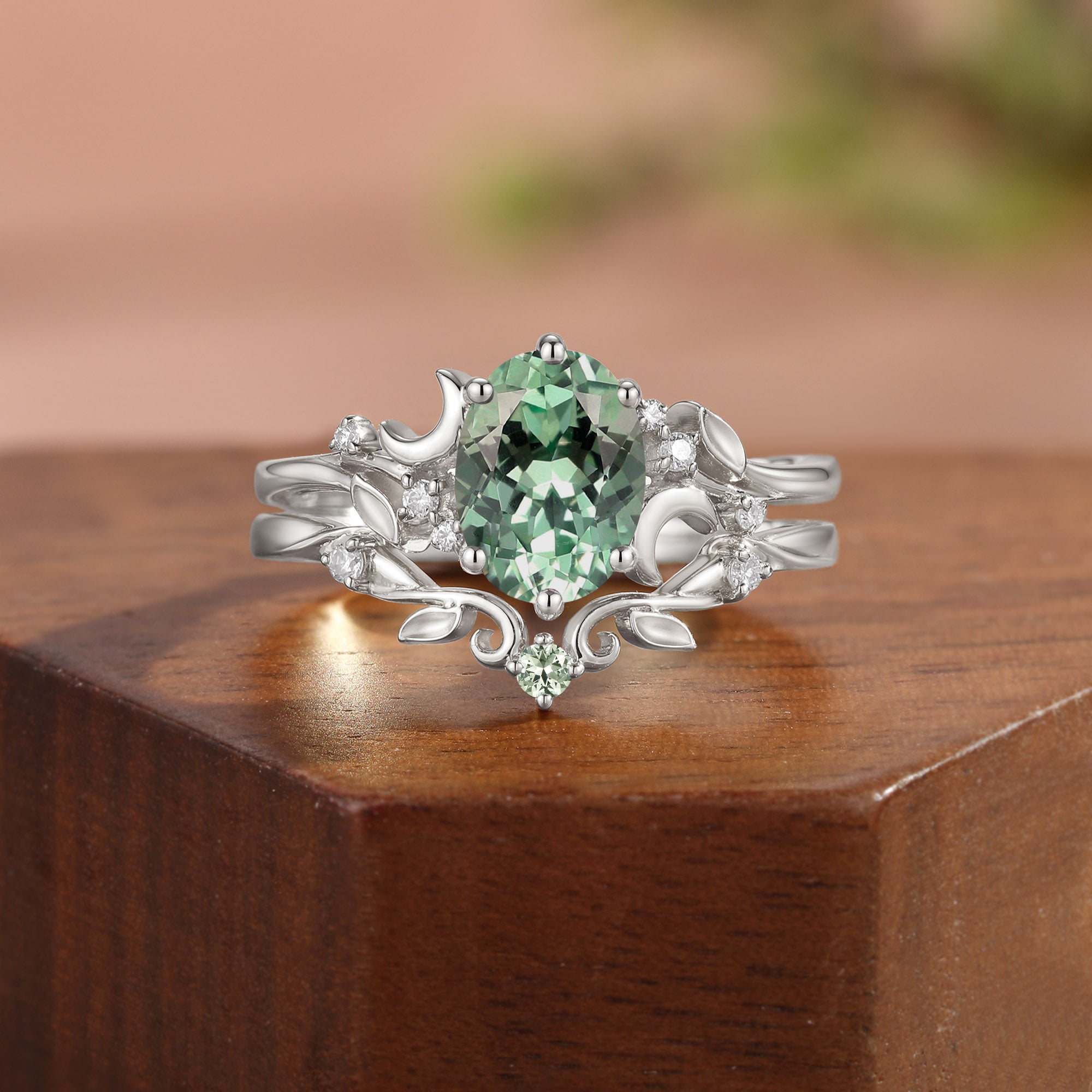Moonlight Fairy Oval Cut Green Sapphire Leafy Bridal Sets 2pcs - Meriel