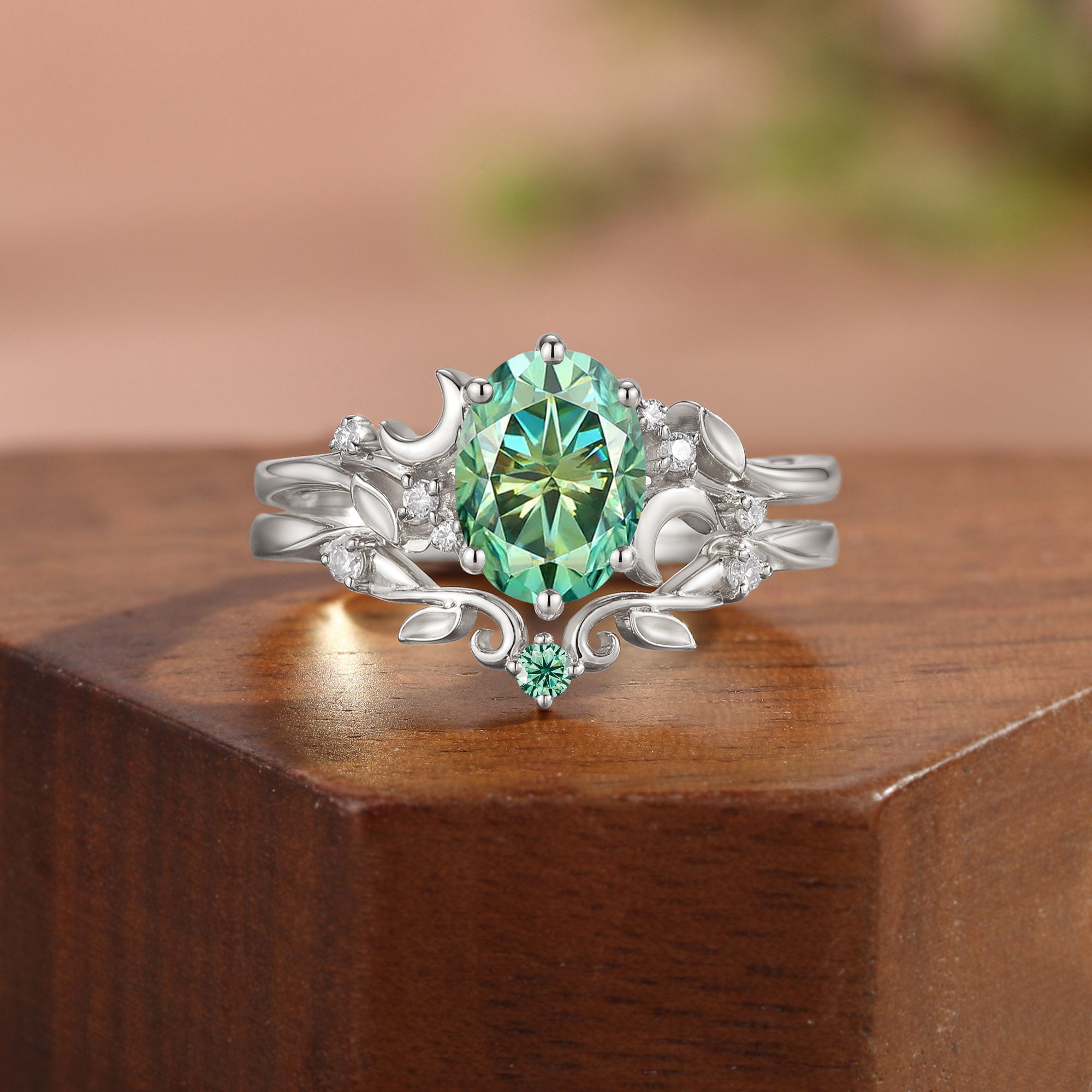 Moonlight Fairy Oval Cut Green Moissanite Leafy Bridal Sets 2pcs - Meriel
