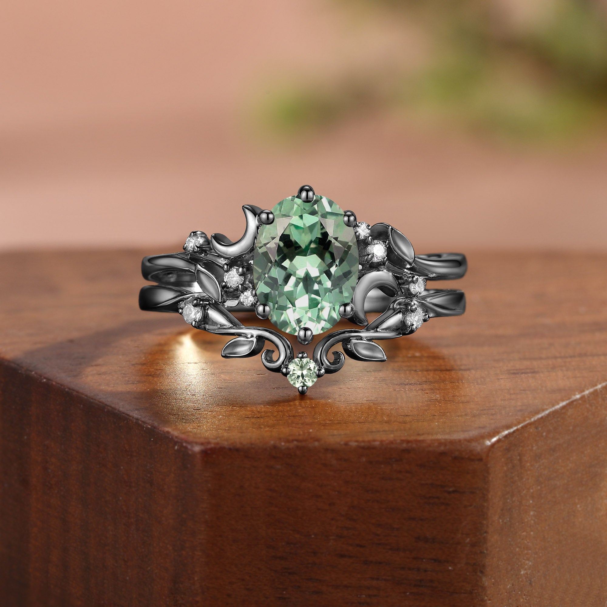 Moonlight Fairy Oval Cut Green Sapphire Leafy Bridal Sets 2pcs - Meriel