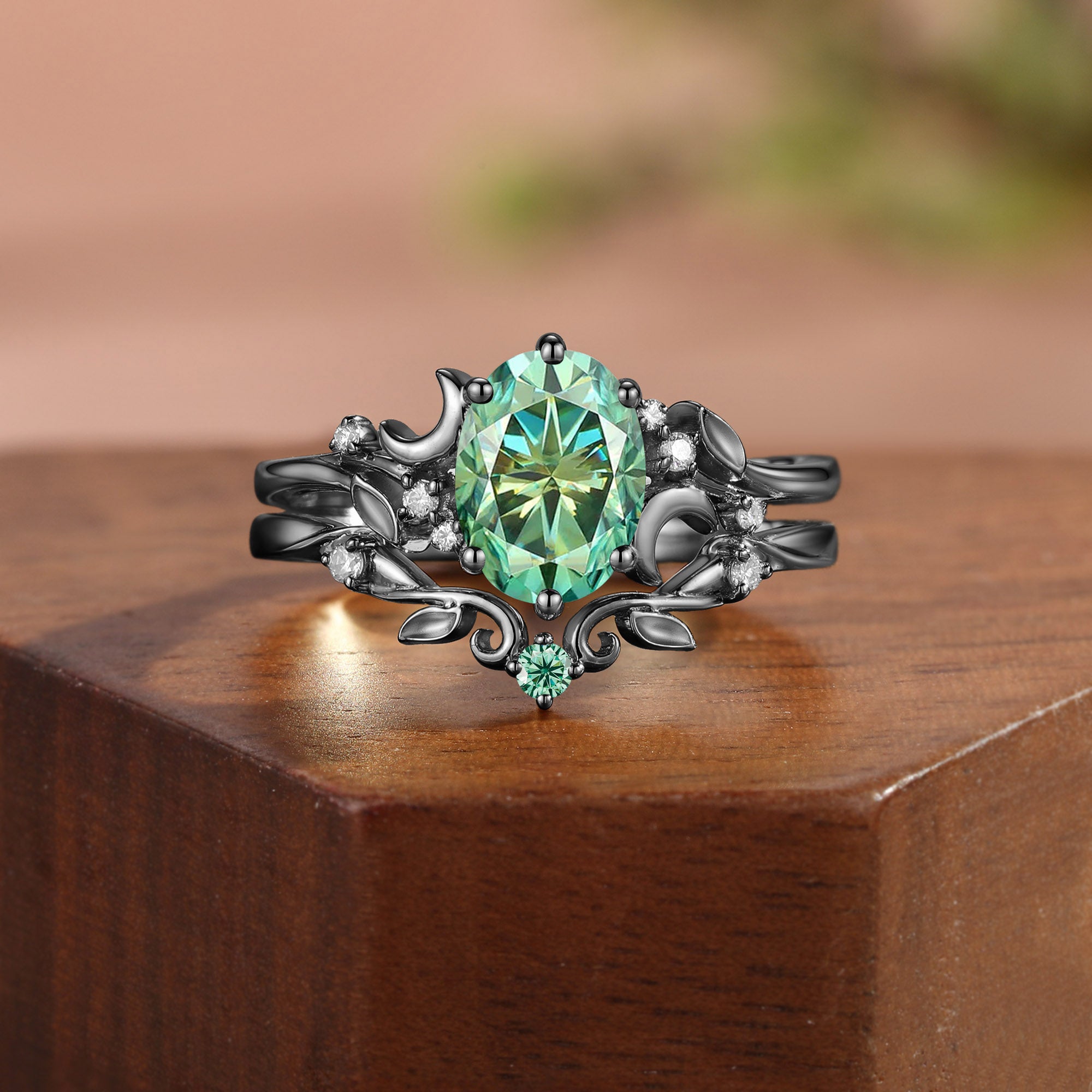 Moonlight Fairy Oval Cut Green Moissanite Leafy Bridal Sets 2pcs - Meriel