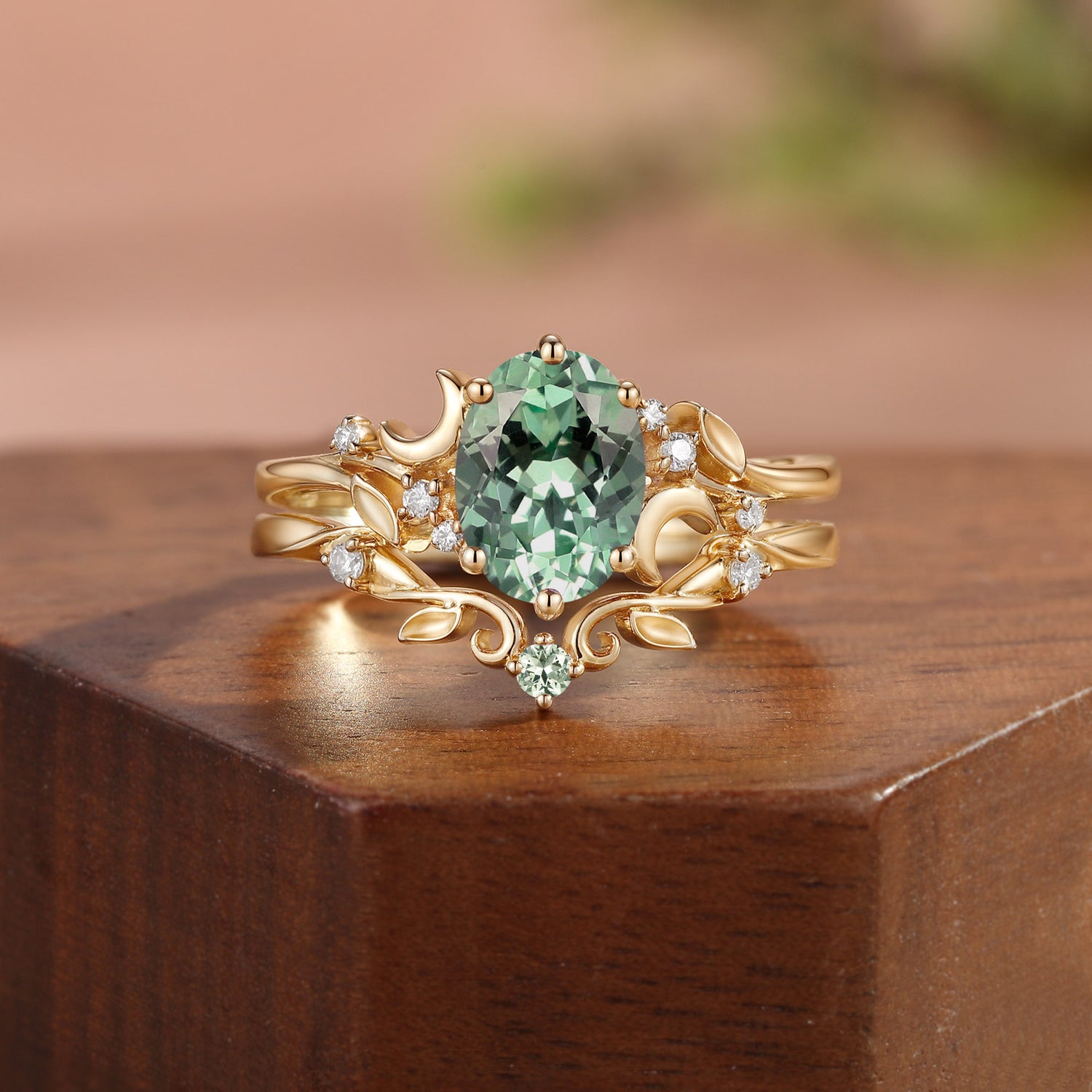 Moonlight Fairy Oval Cut Green Sapphire Leafy Bridal Sets 2pcs - Meriel